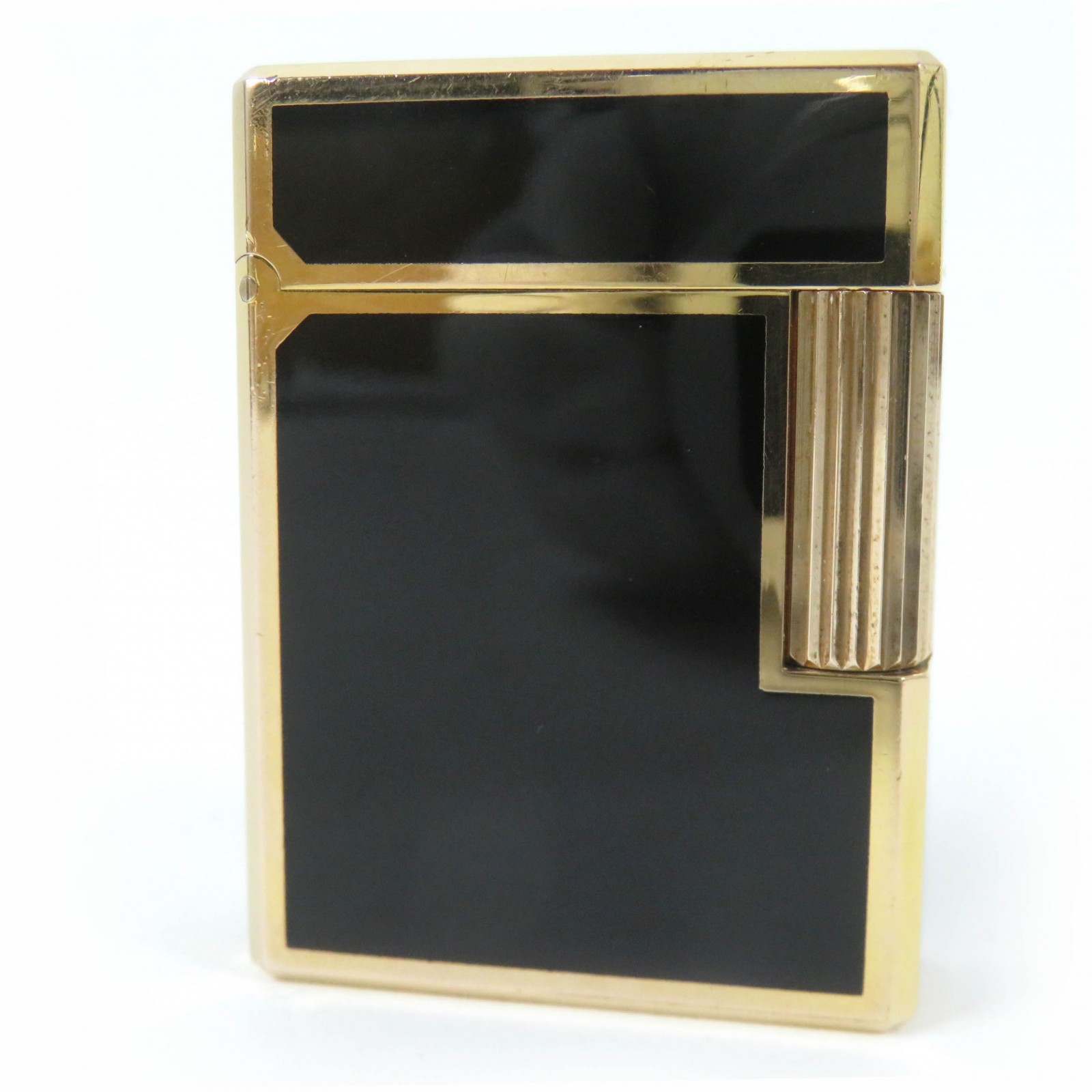 外装美品☆Dupont デュポン ライン1 ショート ラッカー ローラー式 ガス ライター ブラック ゴールド フランス製 メンズ 着火不可【中古】
