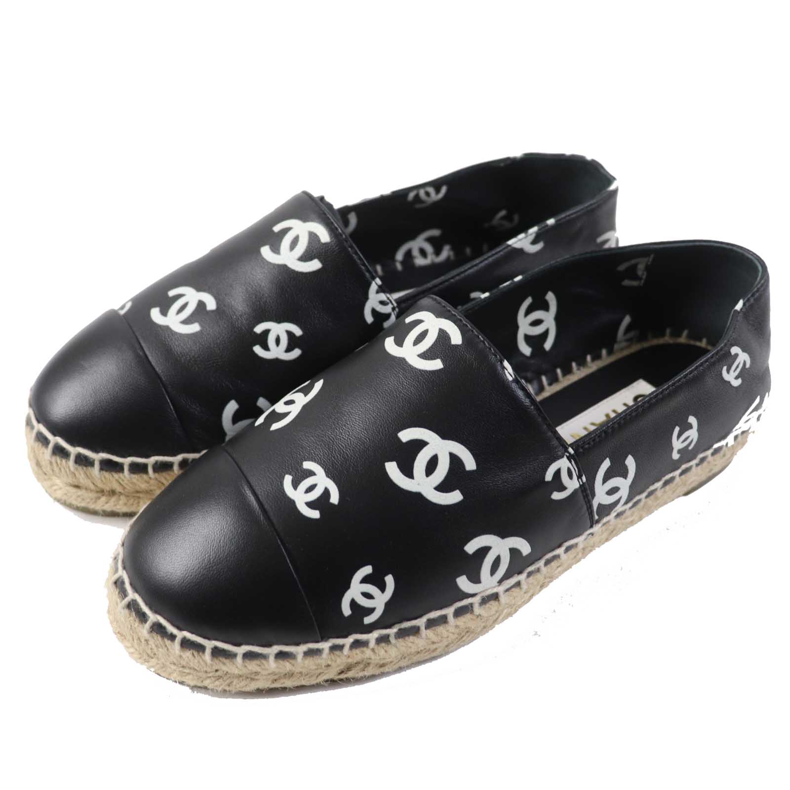 極美品◎CHANEL シャネル 22S G38628 ココマーク柄 エスパドリーユ／スリッポン／なめし革シューズ 黒いこと 白いこと 35 箱・保護すること袋付き添い人 エスパニア製 レディース【中古】