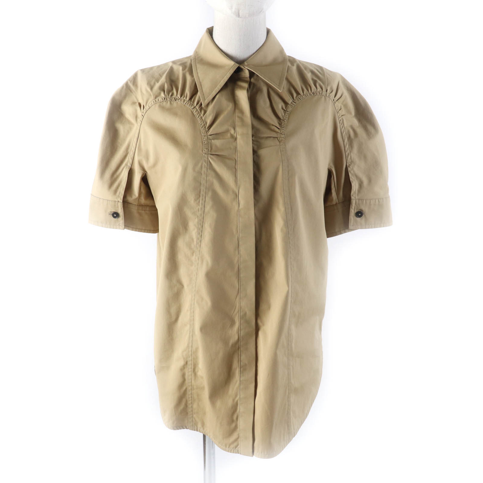 極美品★JIL SANDER ジルサンダー 22SS J01DL0015 コットン100％ 比翼仕立て 半袖 シャーリング 半袖シャツ ブラウン 32 イタリア製 正規品 レディース【中古】