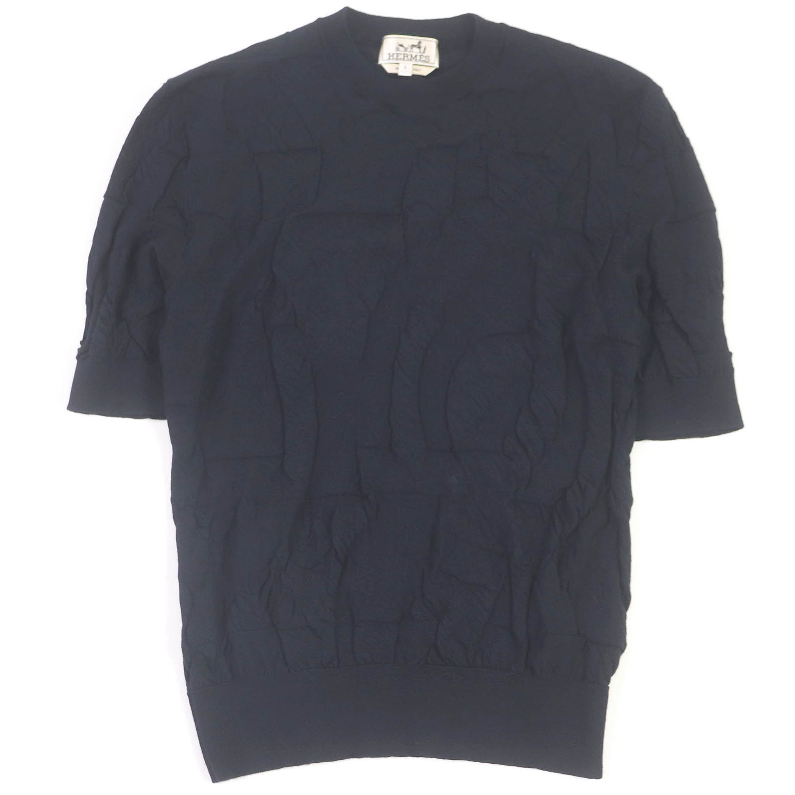 美品□HERMES エルメス 24SS Jeu de points harnais ウール100％ エンボス 半袖ニット ニットソー ネイビー S イタリア製 正規品 メンズ【中古】
