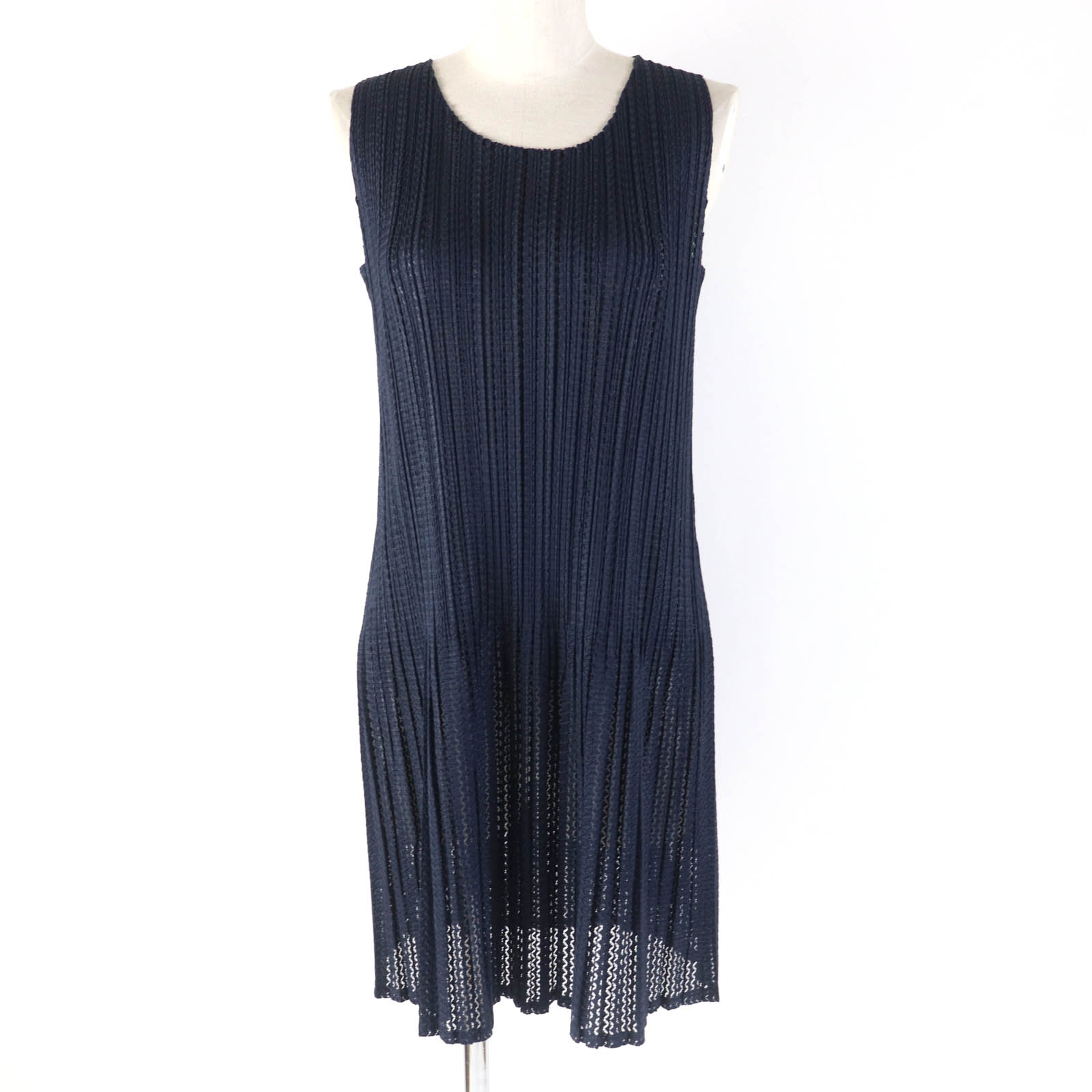 極美品☆PLEATS PLEASE プリーツプリーズ イッセイミヤケ PP11-JT685 クルーネック ノースリーブ メッシュフレア チュニック ワンピース ダークネイビー 3 日本製 正規品 レディース【中古】
