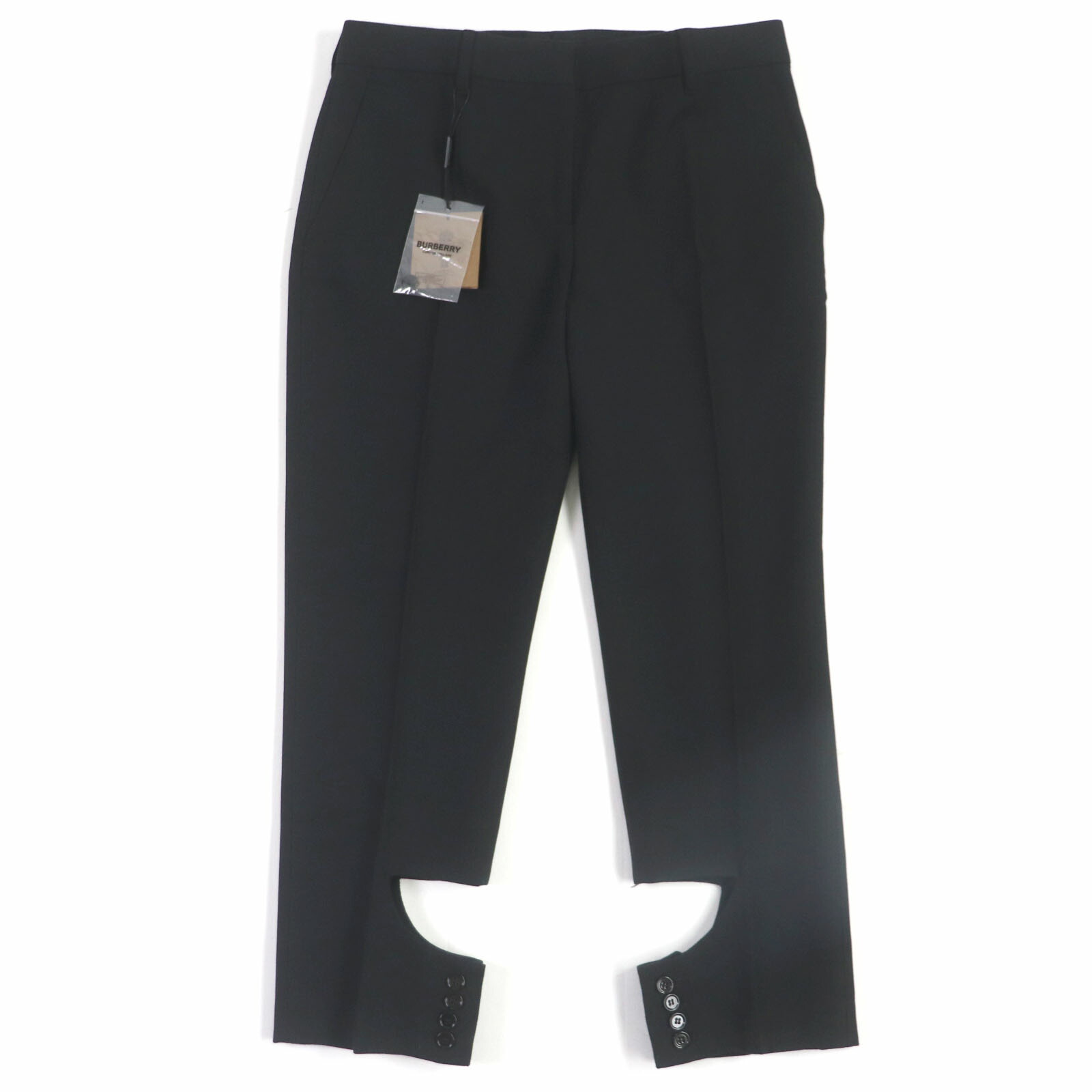 未使用品▼BURBERRY バーバリー 8048493 ウール100% ロゴ入りボタン 裾デザイン パンツ スラックス ブラック 42 イタリア製 正規品 メンズ【中古】