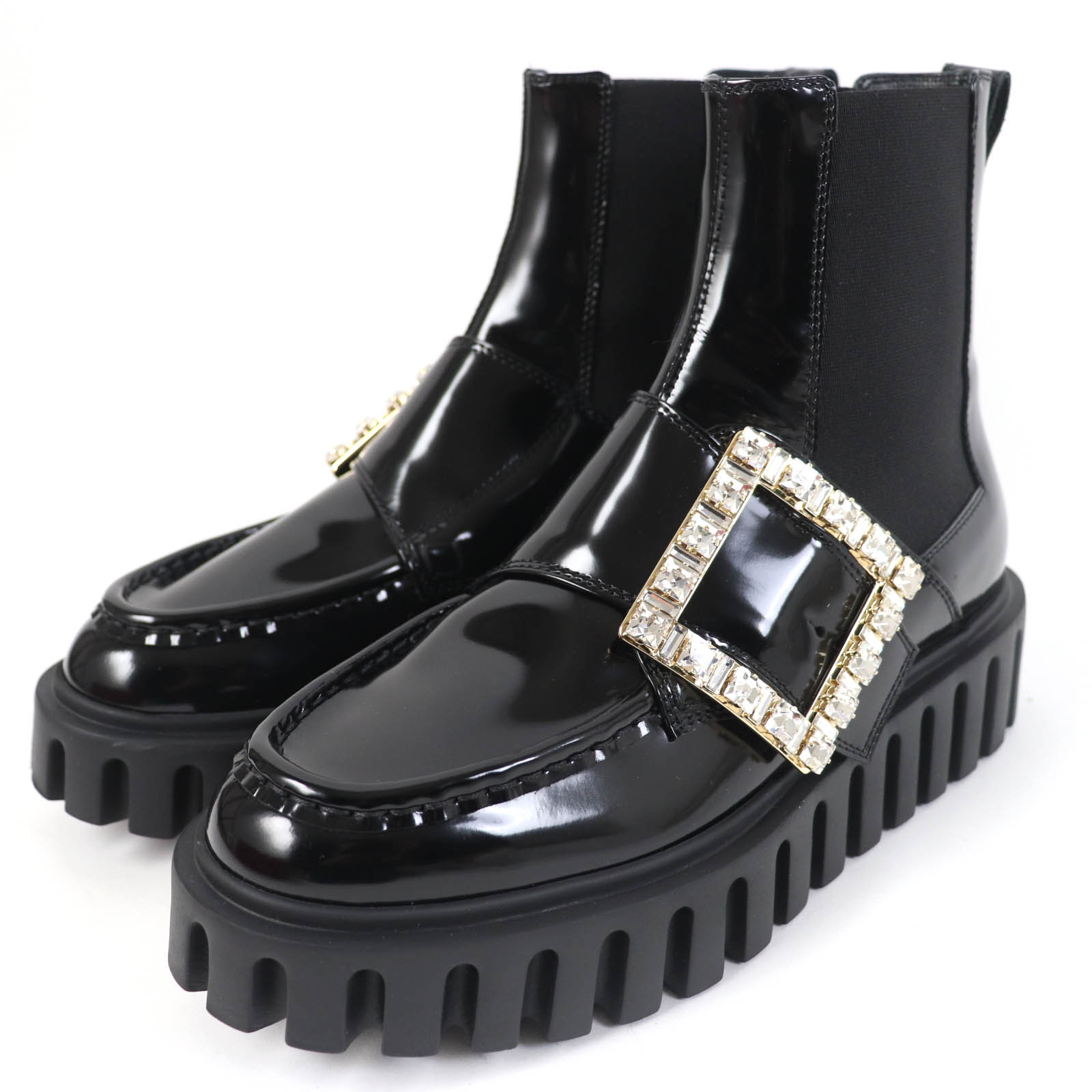 Roger Vivier VIV ヴィヴ レザー ストラスバックル アンクル ショートブーツ ブラック 37 1/2 (197556