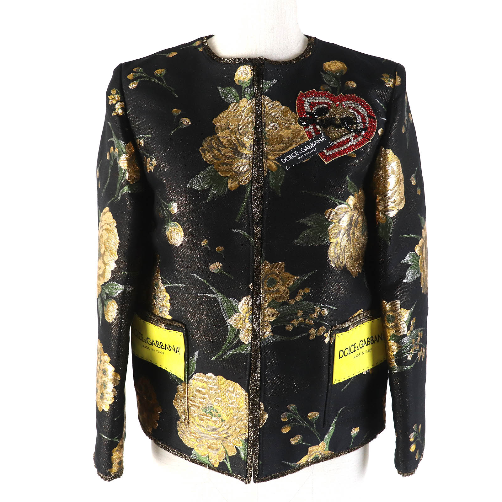 未使用品△DOLCE&GABBANA ドルチェ＆ガッバーナ 黒タグ フラワージャガード ビーズ装飾 ノーカラージャケット ブラック ゴールド グリーン 36 イタリア製 正規品 レディース【中古】