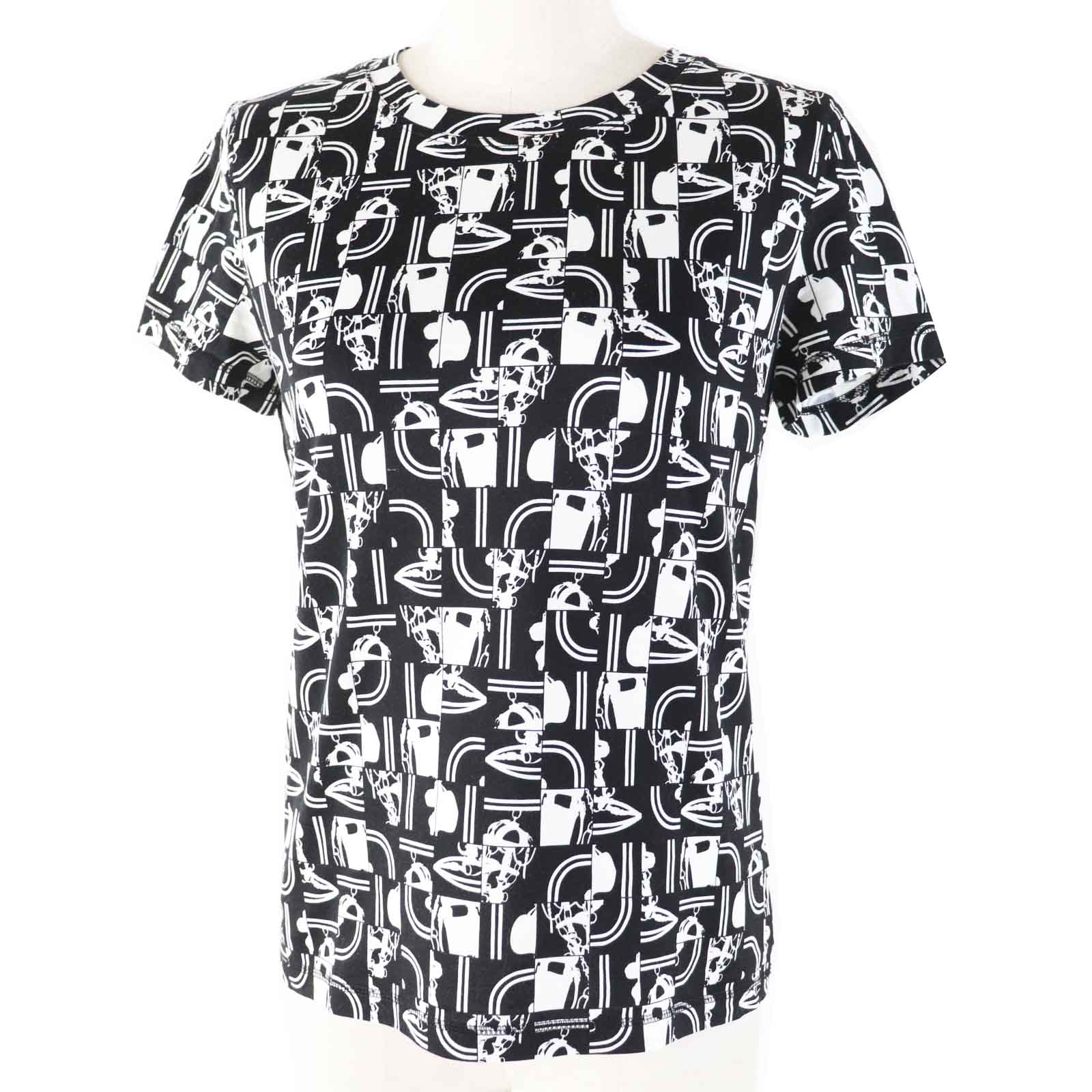 美品◎HERMES エルメス 21SS BRIDES de GALA en Desordre 式典用馬勒 コットン100％ 半袖Ｔシャツ ブラック ホワイト 34 フランス製 正規品 レディース【中古】