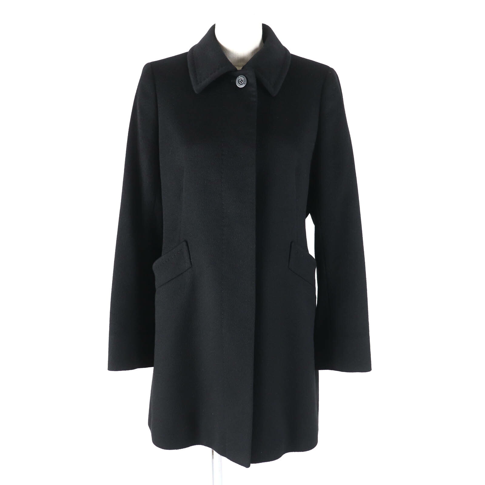 美品★Aquascutum LONDON アクアスキュータムロンドン カシミール100％ 比翼仕立てもの ステンカラー厚地の外套 黒いこと 9 日本製 置き目品 レディース【中古】