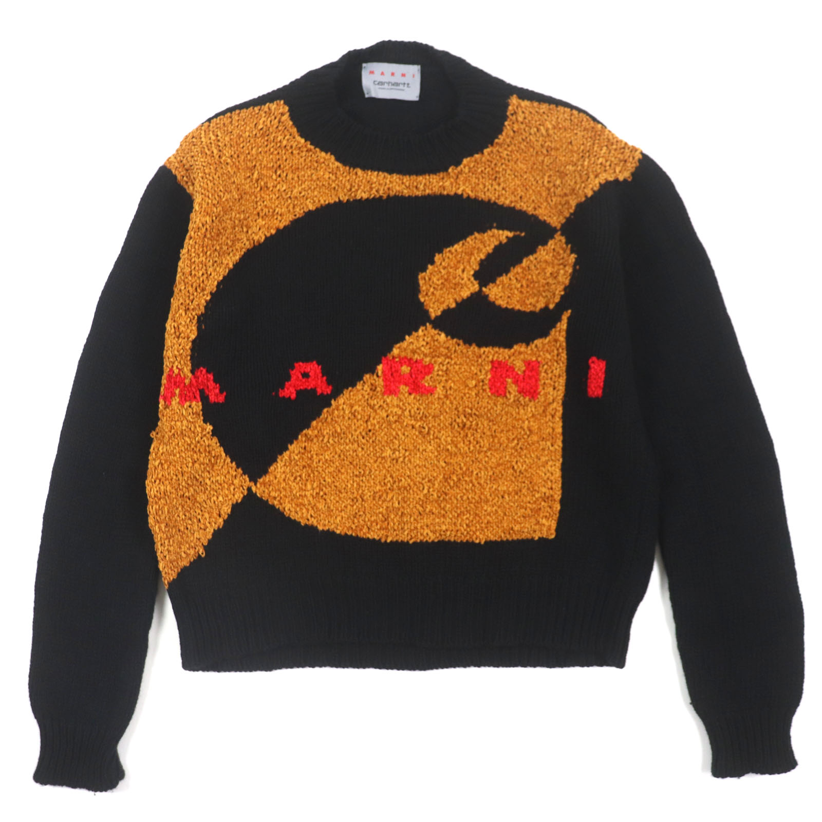 極美品▼MARNI×CARHARTT マルニ×鉄道車両ハート形 23SS GCMD0375Q0 毛糸 地絹 ロゴタイプ ジャガードニット プルオーバー 黒いこと 赤銅色 40 イタリア製 定まり品 メンズ【中古】