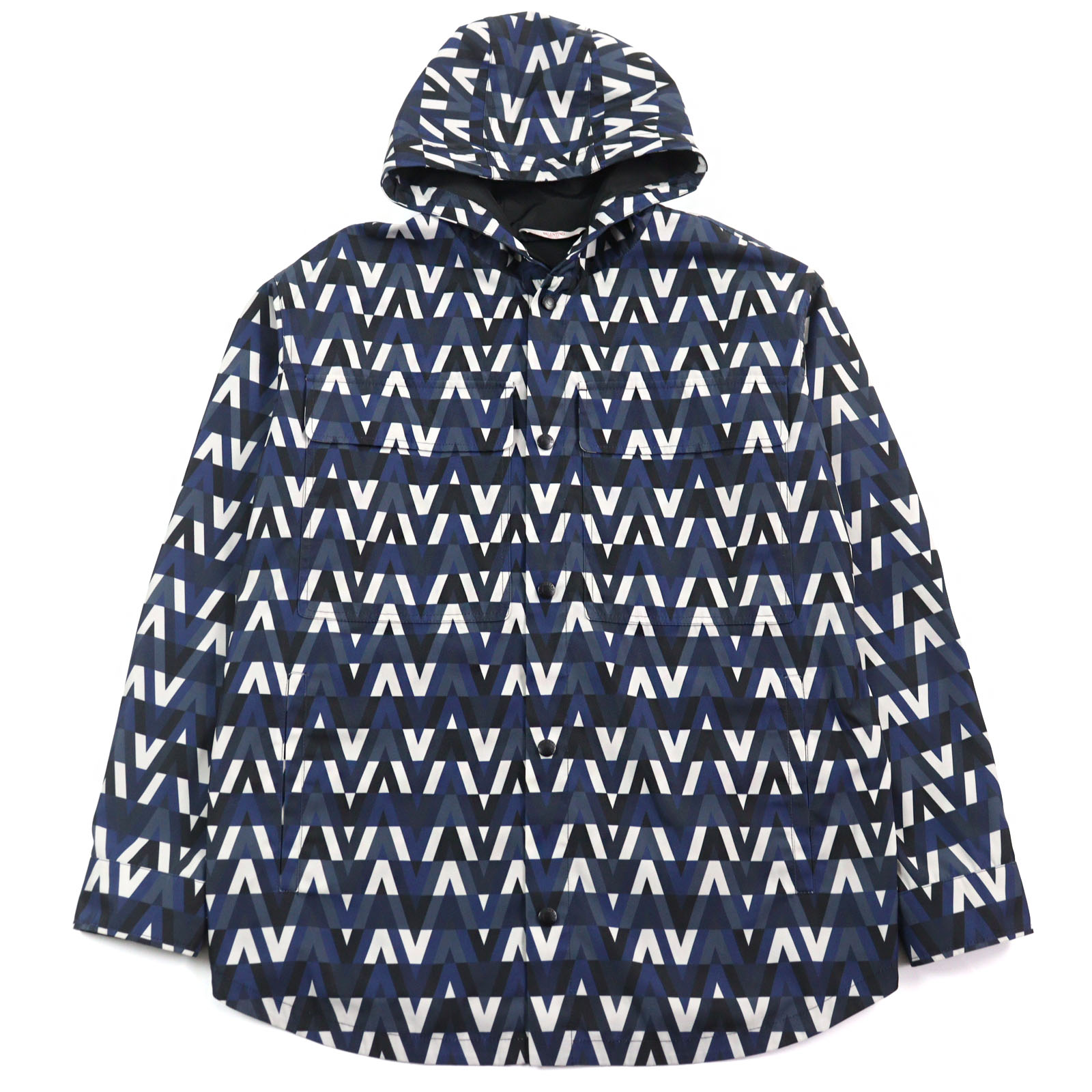 美品○VALENTINO ヴァレンティノ XV3CJE2680R V OPTICAL JACKET ロゴ総柄 オプティカルプリント フーデッド ジャケット マルチカラー 44 イタリア製 正規品 メンズ【中古】