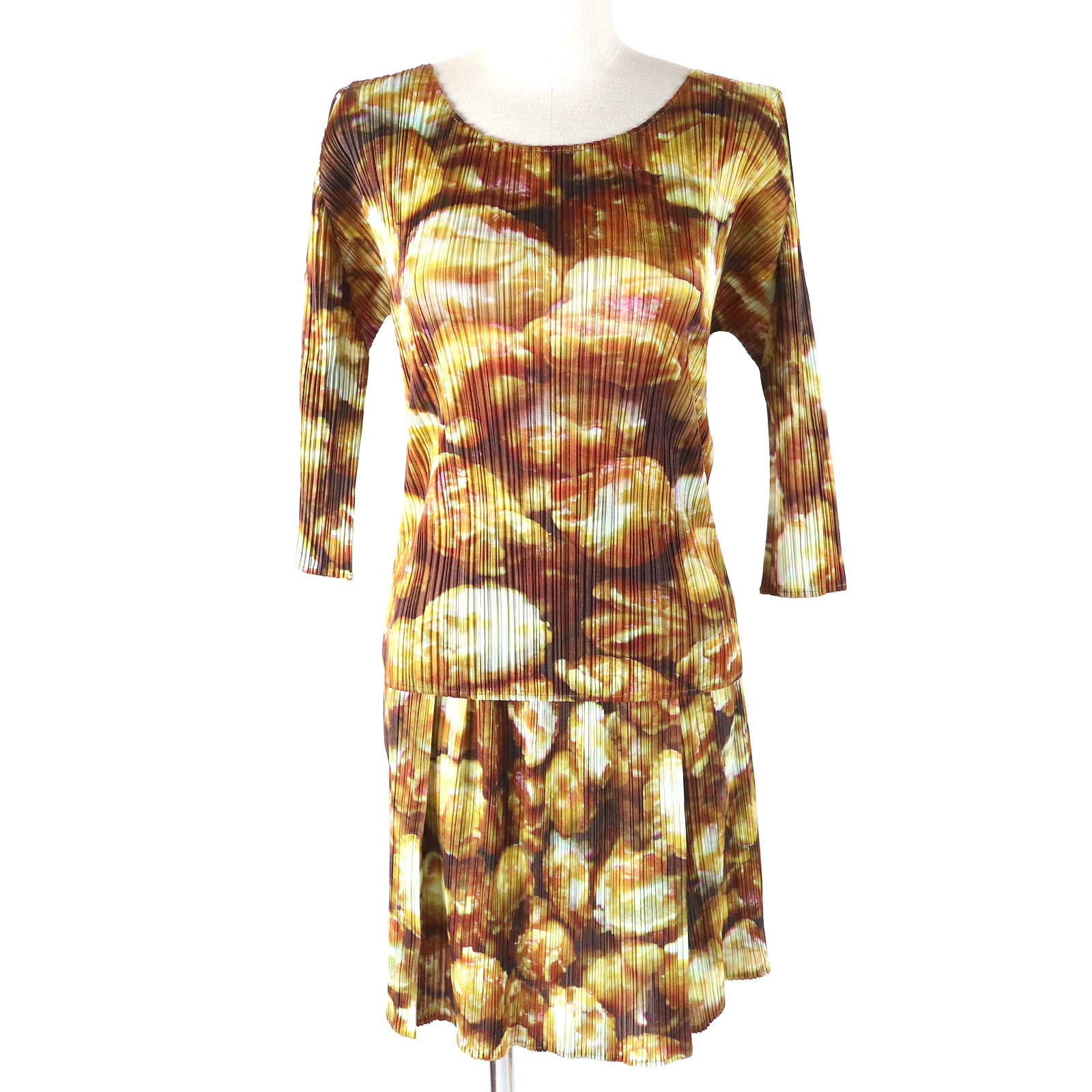 極美品△PLEATS PLEASE 筋目プリーズ イッセイミヤケ PP83-JK552/PP83-JG555 ポップコーン柄 カットソー ミニスカート セットアップ 赤銅色 黄色系 上：3 下：1 定め事品 日本製 レディース オススメ◎【中古】