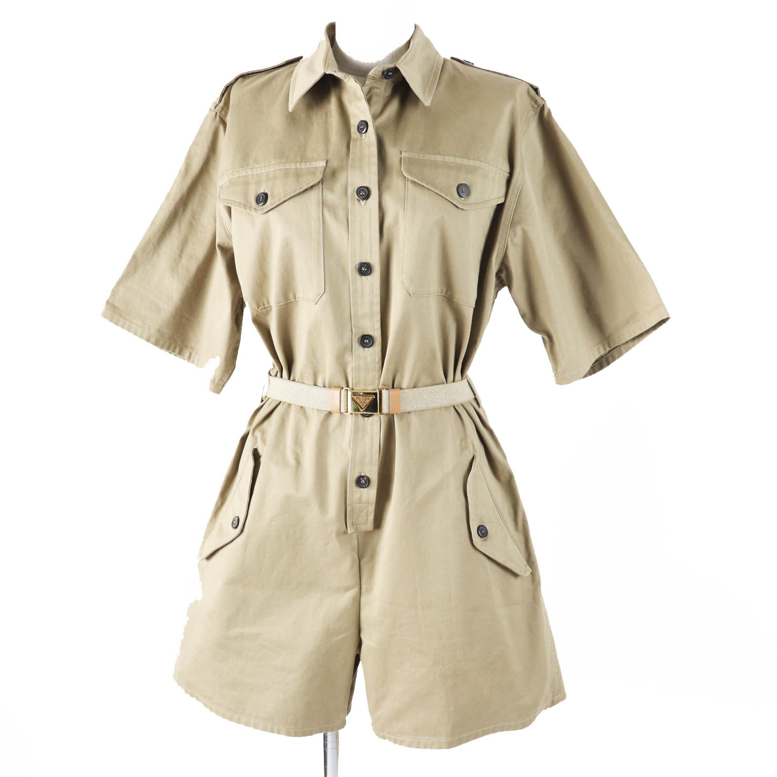 極美品◎PRADA プラダ 2023年製 P293HT 綿織物 リネン トライアングルロゴベルト付き添い人 半袖 オールインワン／飛び降りる背広／ツナギ ベージュ系 36 定まり品 レディース【中古】