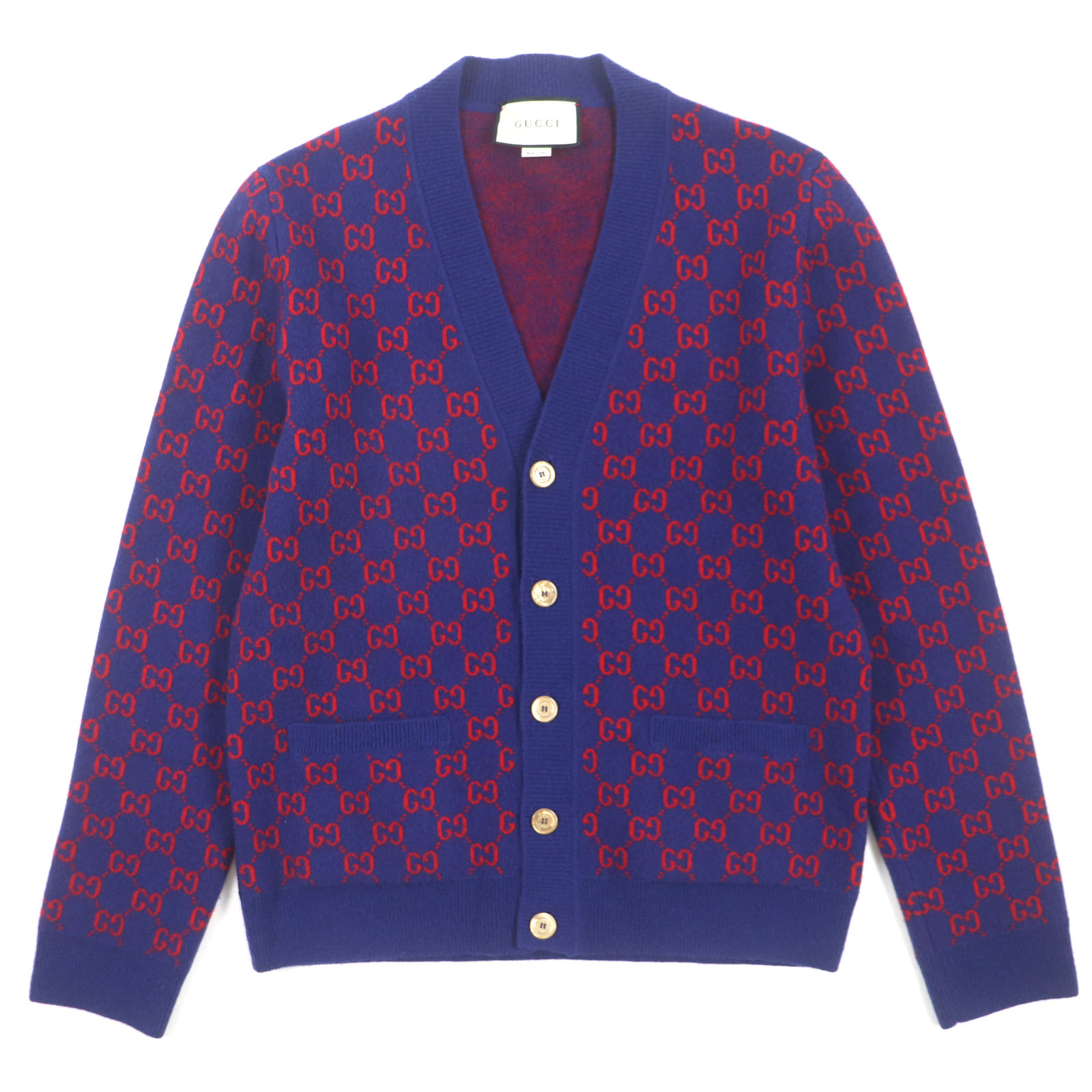 極美品▼GUCCI グッチ 597724 ウール カシミヤ GG柄 Vネック ロゴ入りシェルボタン カーディガン ブルー レッド M イタリア製 正規品 メンズ【中古】｜衣類＆ブランドリサイクル GREEN