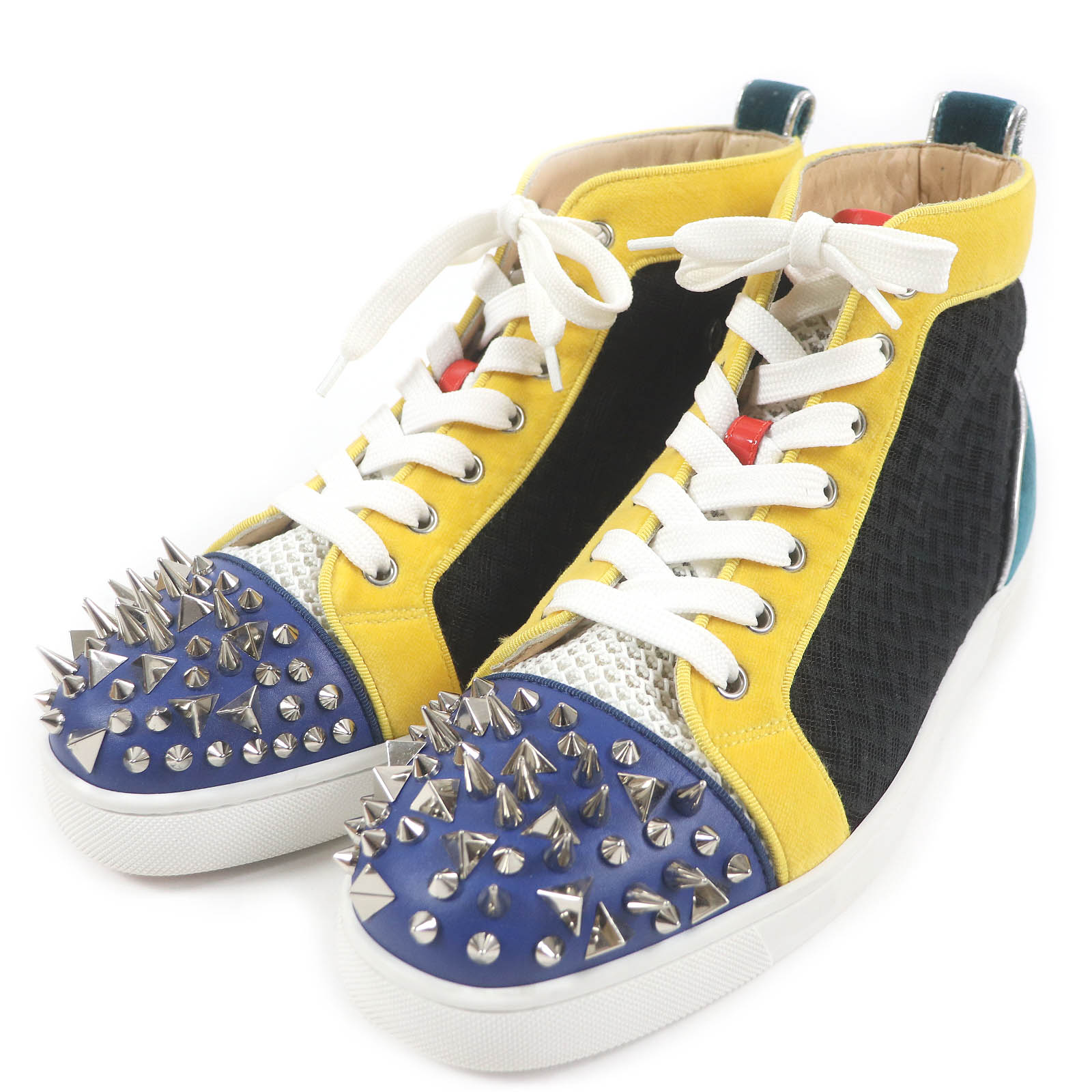 極美品□Christian Louboutin クリスチャンルブタン LOU PIK PIK ORLATO FLAT マルチスタッズ なめし革 メッシュ ハイカットスニーカー マルチ色つや 40.5 箱・保護すること袋付き添い人 EU製 メンズ【中古】