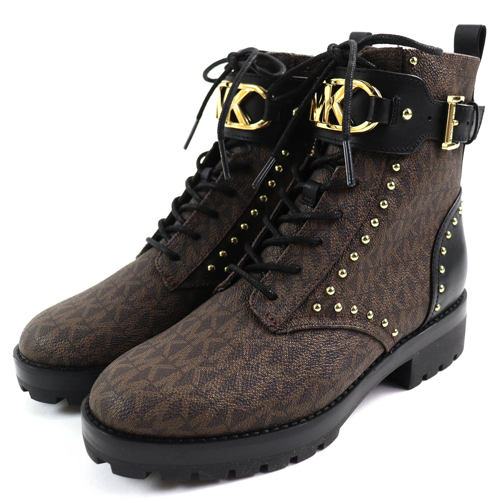 未使用品△Michael Kors マイケルコース 49F1KIFE5B キンケイド ロゴ スタッズ コンバットブーツ レザー使い レースアップ ショートブーツ ブラウン ブラック 6.5 レディース オススメ◎【中古】