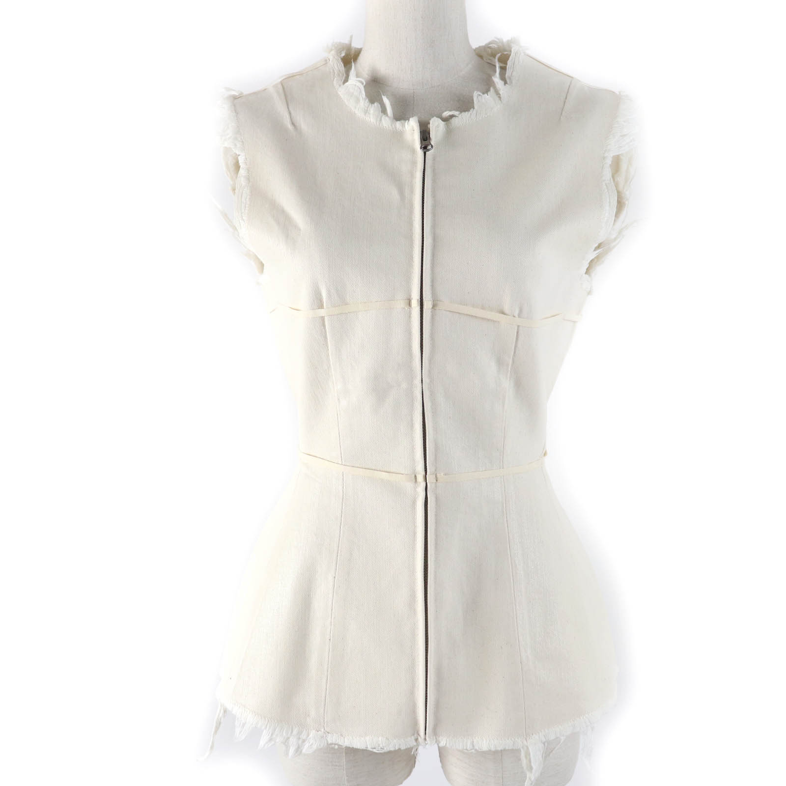 未当て嵌める品☆MM6 Maison Margiela エムエムシックス メゾンマルジェラ 2022年製 S62NC0098 綿織物 カットオフ図案化 上塗り処理 ジーンズ ZIP 限りない 象牙色 38 イタリア製 置き目品 レディース【中古】 レディースファッション-ベスト・ジレ-トップス