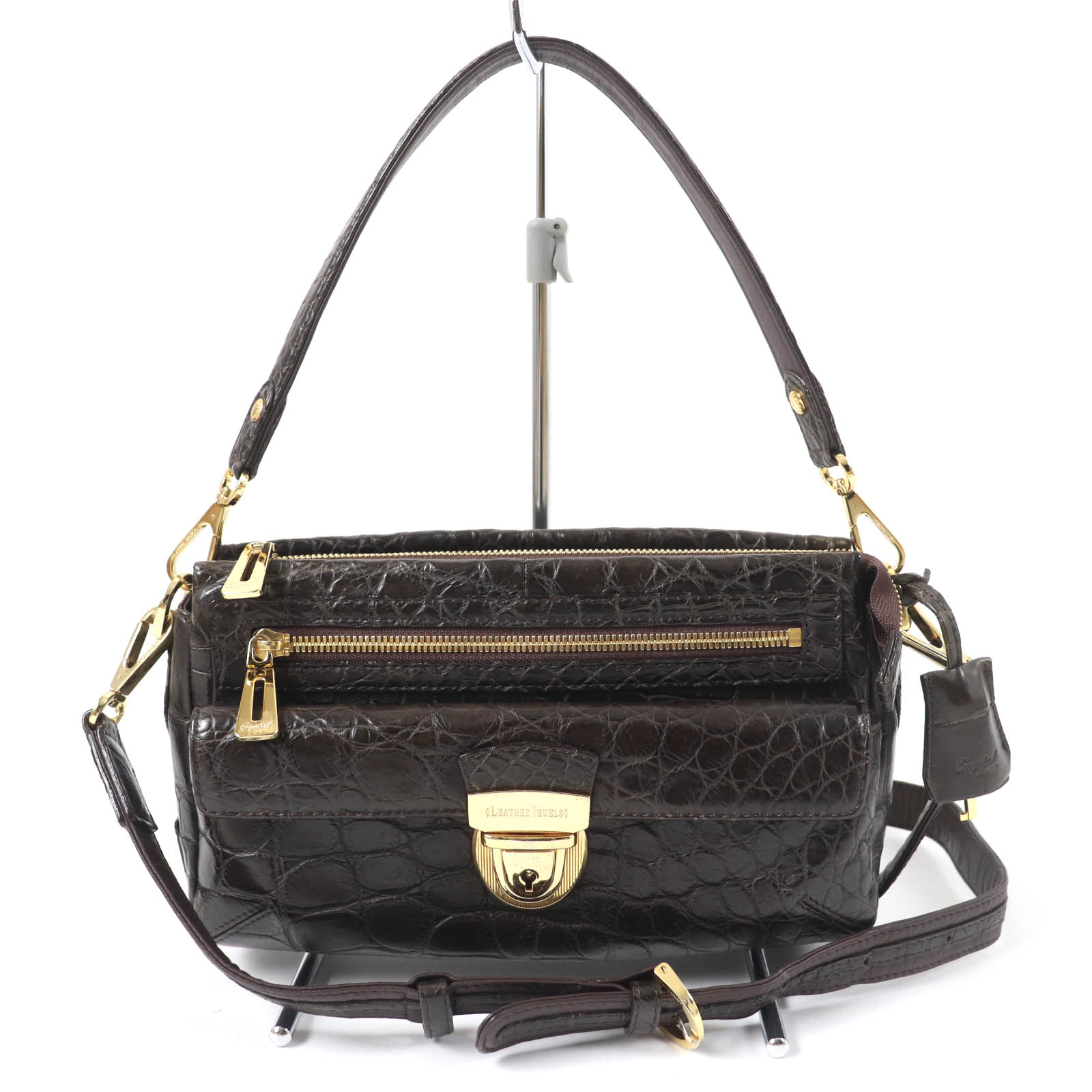 美品☆LEATHER JEWELS レザージュエルズ JRAタグ付 クリスタル クロコダイルレザー 2WAY ハンド ショルダーバッグ ダークブラウン 日本製 レディース【中古】 21,450円