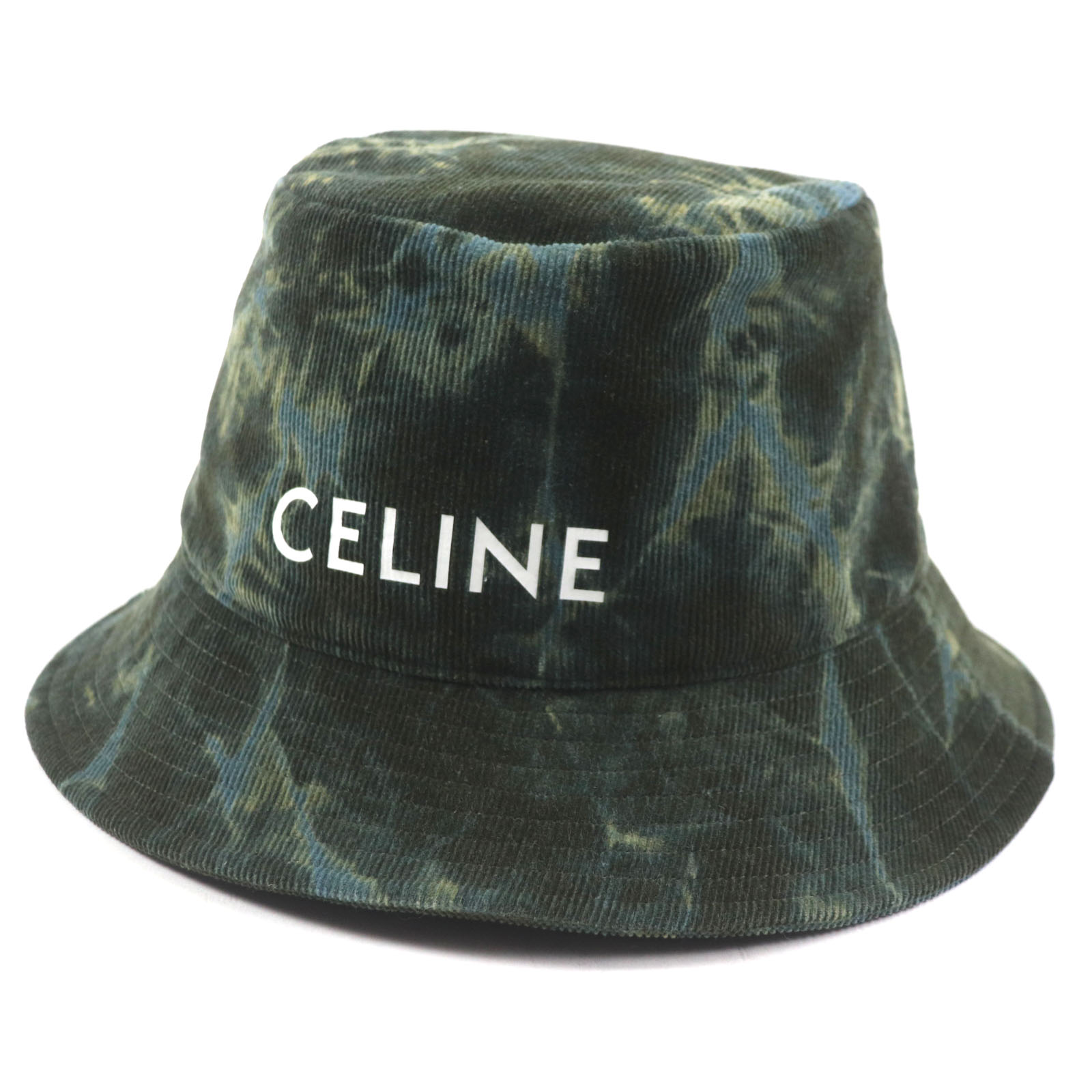 良品▼CELINE セリーヌ 2AU5B214Q コットン100% コーデュロイ ロゴデザイン 総柄 カモフラ タイダイ 帽子 バケットハット グリーン L フランス製 正規品 メンズ【中古】