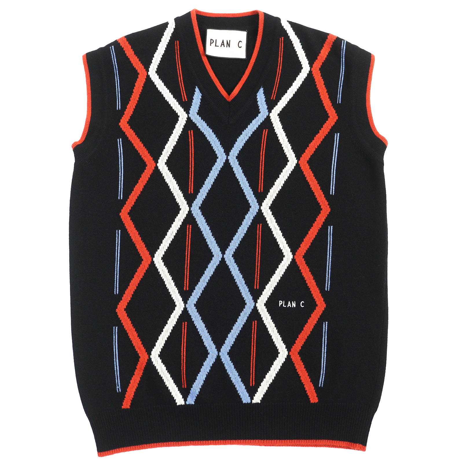 美品△Plan C プランシー GLCME01G00FW009 Rhombus Intarsia ウール カシミヤ ロゴ刺繍 総柄 Vネック ニット ベスト ブラック オレンジ ブルー ホワイト 38 イタリア製 正規品 メンズ【中古】｜衣類＆ブランドリサイクル GREEN