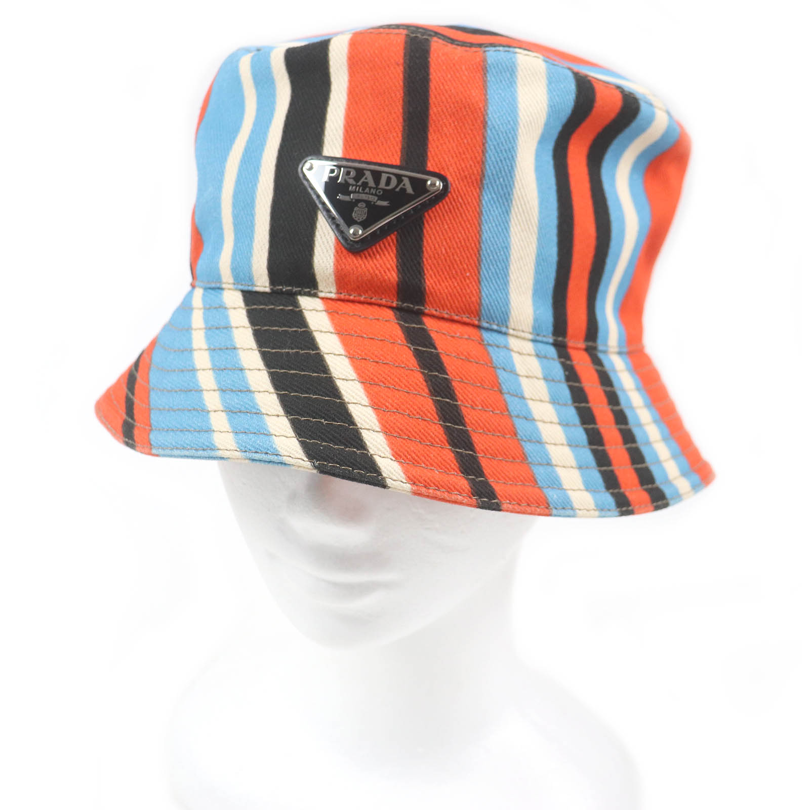 美品□PRADA プラダ 2HC137 縞模様 ３角形ロゴタイプ ３角形一皿 井戸釣瓶かぶり笠 鳥打ち帽 オレンジ色系マルチ色合い XL/60珊 イタリア製 決まり品 メンズ【中古】 帽子-メンズ帽子