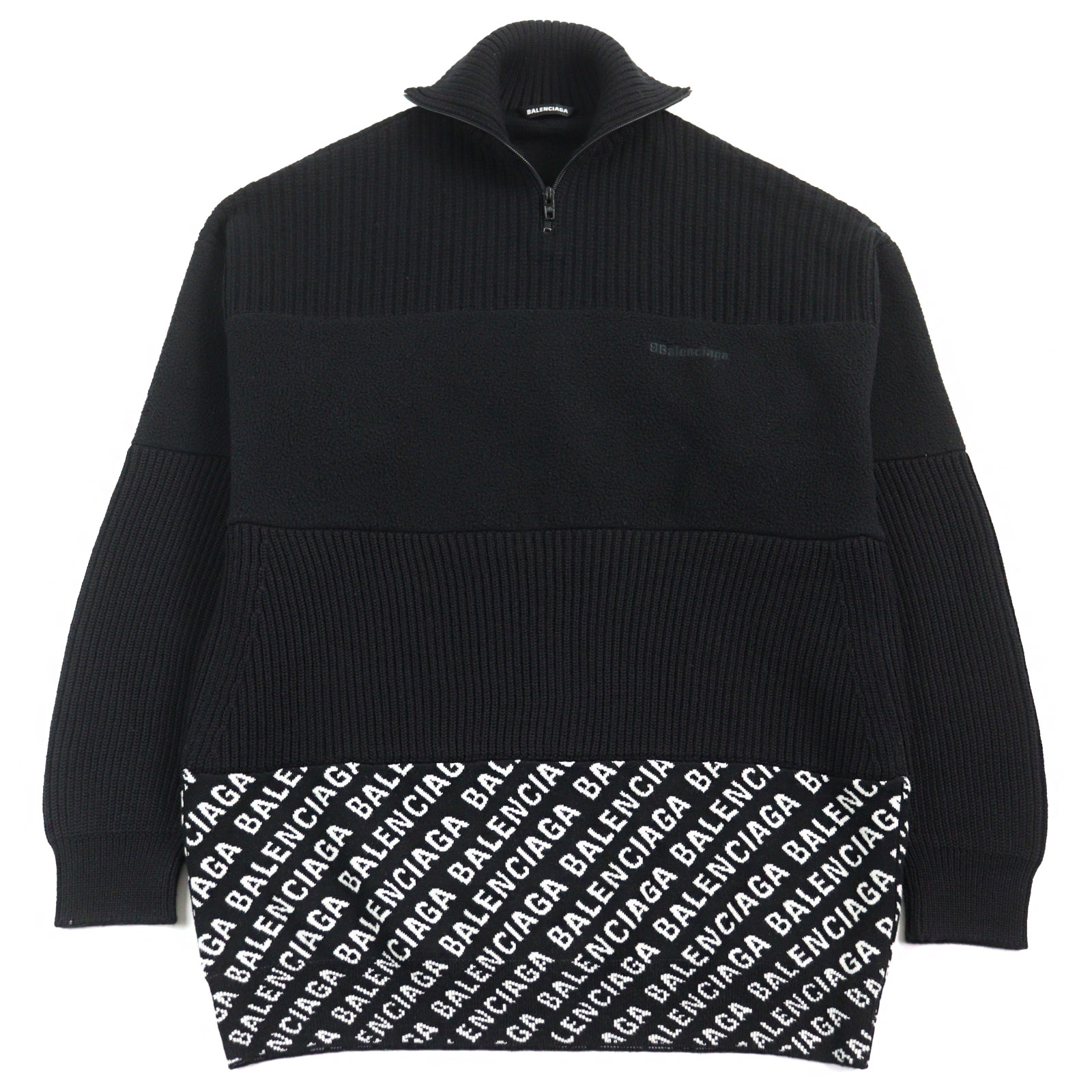 美品○BALENCIAGA バレンシアガ 20AW 641734 ロゴ総柄切替 オーバーサイズ ハーフジップ ニット セーター ブラック ホワイト XS イタリア製 正規品 メンズ【中古】｜衣類＆ブランドリサイクル GREEN