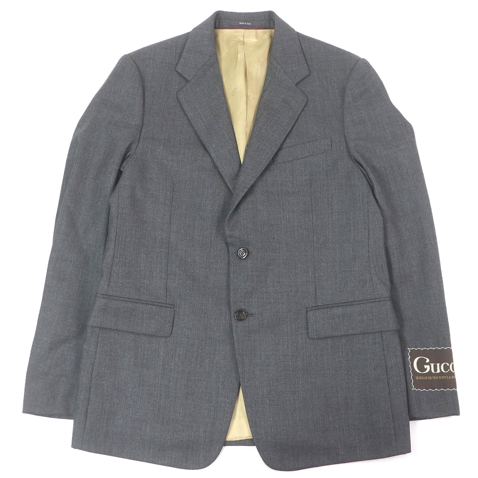 極美品□GUCCI グッチ 625378 ウール100％ ロゴパッチ シングル ブレザー テーラードジャケット グレー 50 イタリア製 正規品 メンズ【中古】
