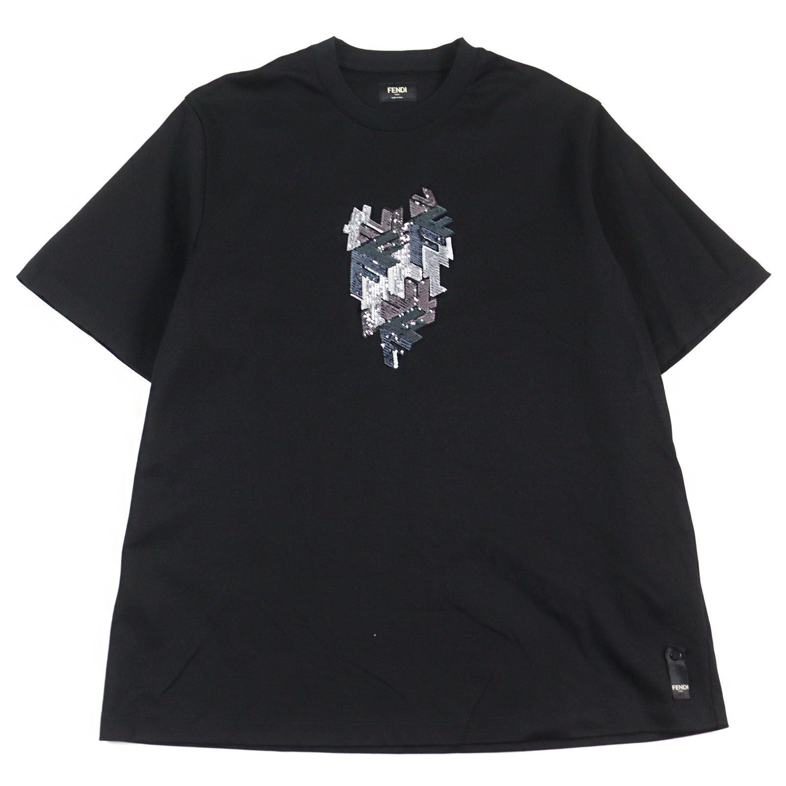 極美品○FENDI フェンディ 2023年製 FY1217 コットン100% ロゴ入り スパンコール クルーネック 半袖Ｔシャツ ブラック系 M イタリア製 正規品 メンズ【中古】