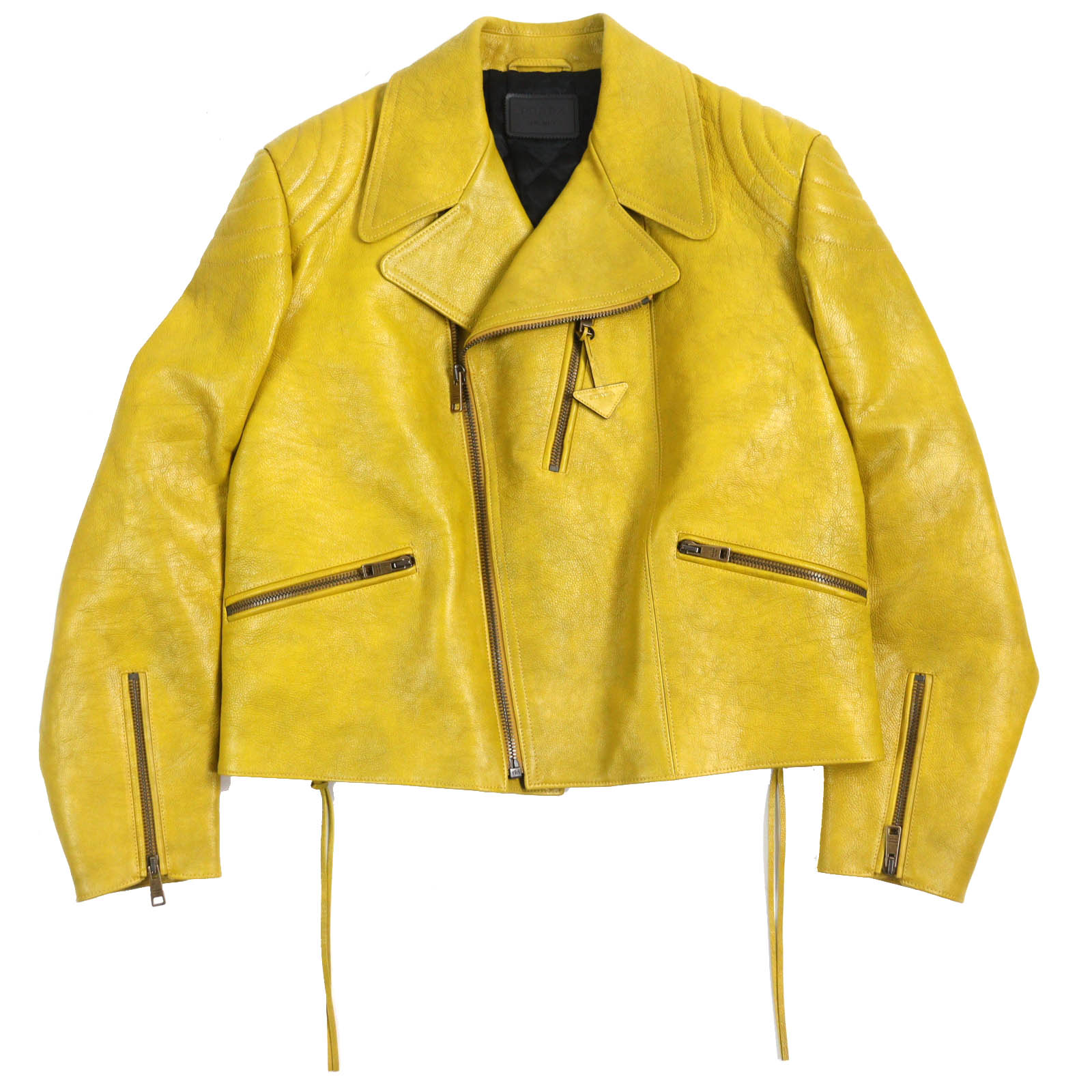 極美品△PRADA プラダ 2021年製 UPW416 カーフスキン トライアングルロゴチャーム 中綿入り ダブルライダースジャケット レザージャケット イエロー系 48 ハンガー・ガーメント付き イタリア製 正規品 メンズ オススメ◎【中古】|衣類&ブランドリサイクル GREEN