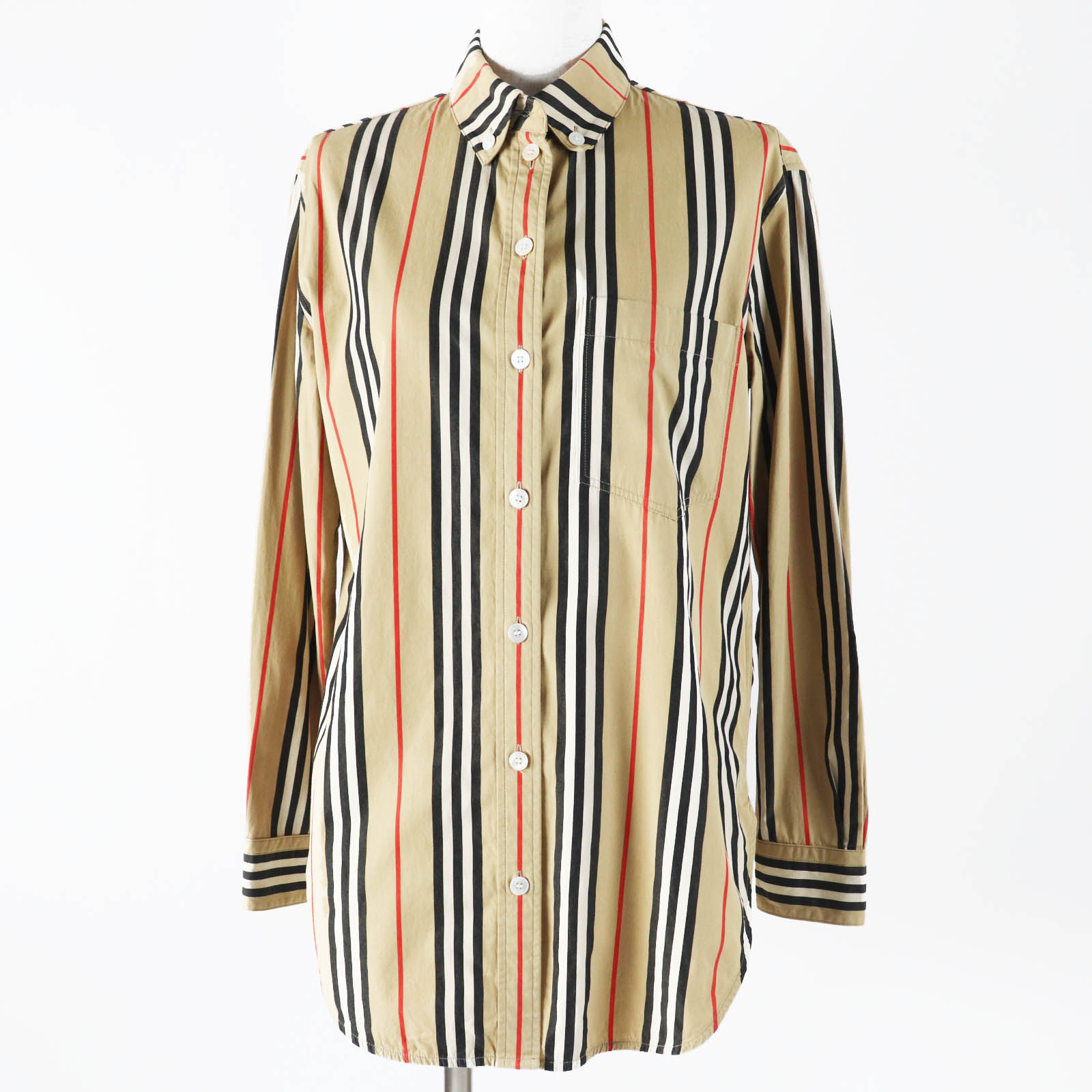 美品◎BURBERRY バーバリー 8011359 コットン アイコンストライプ 長袖シャツ ベージュ 36 正規品 レディース【中古】 17,325円