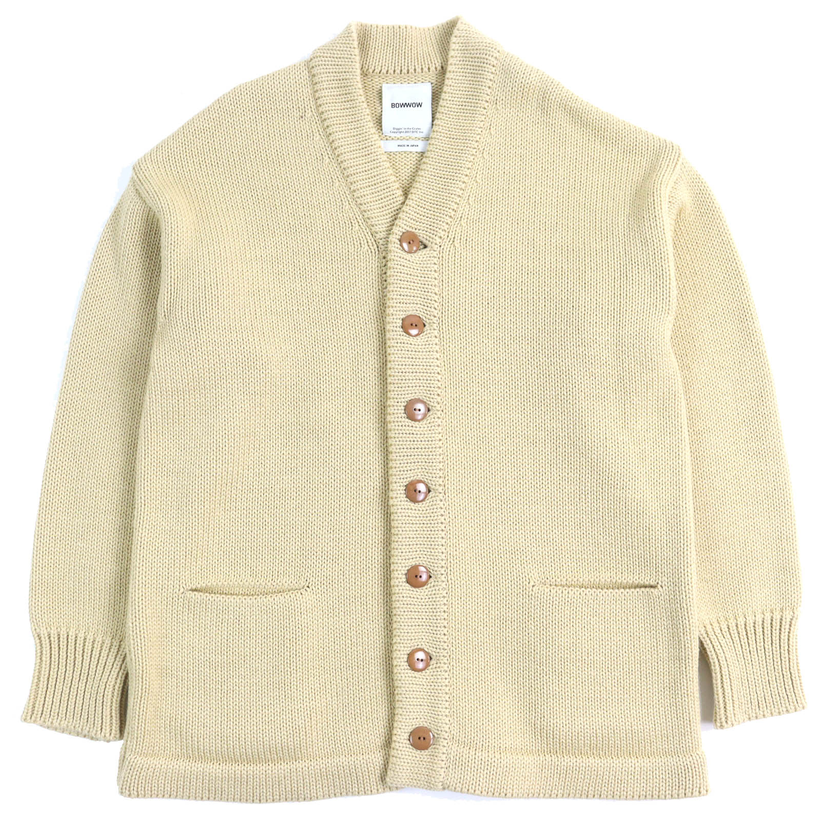 極美品△BOWWOW バウワウ 23AW BEATLE MANIA CARDIGAN ウール レザーエルボーパッチ Vネック カーディガン ベージュ XL 日本製 メンズ オススメ◎【中古】
