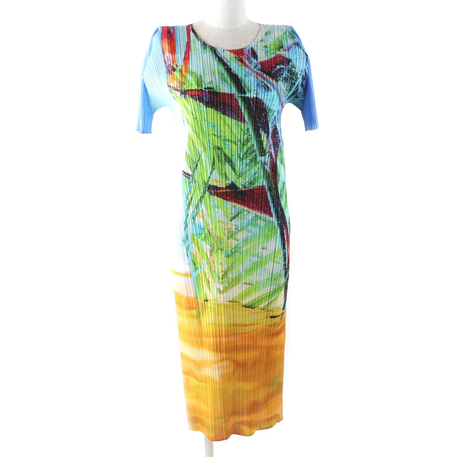 極美品★PLEATS PLEASE プリーツプリーズ イッセイミヤケ 23AW PP33JH674 TROPICAL WINTER クルーネック サイドスリット 半袖 ロングワンピース マルチ 2 日本製 正規品 レディース【中古】