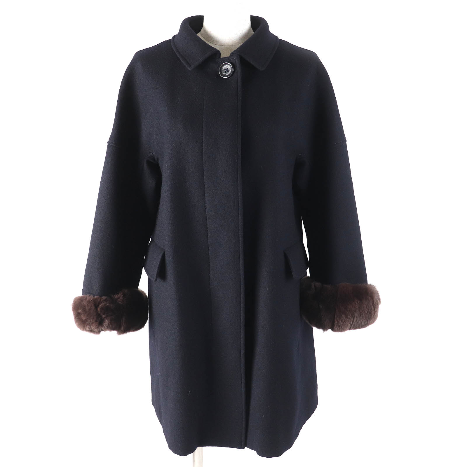美品△MACKINTOSH PHILOSOPHY マッキントッシュ哲学 絨毛100％ リストバンドラビットファー 裏地総柄絵図面 ステンカラー厚地の外套 ダークネイビー 38 日本製 決まり品 レディース【中古】 コート・ジャケット-レディースファッション