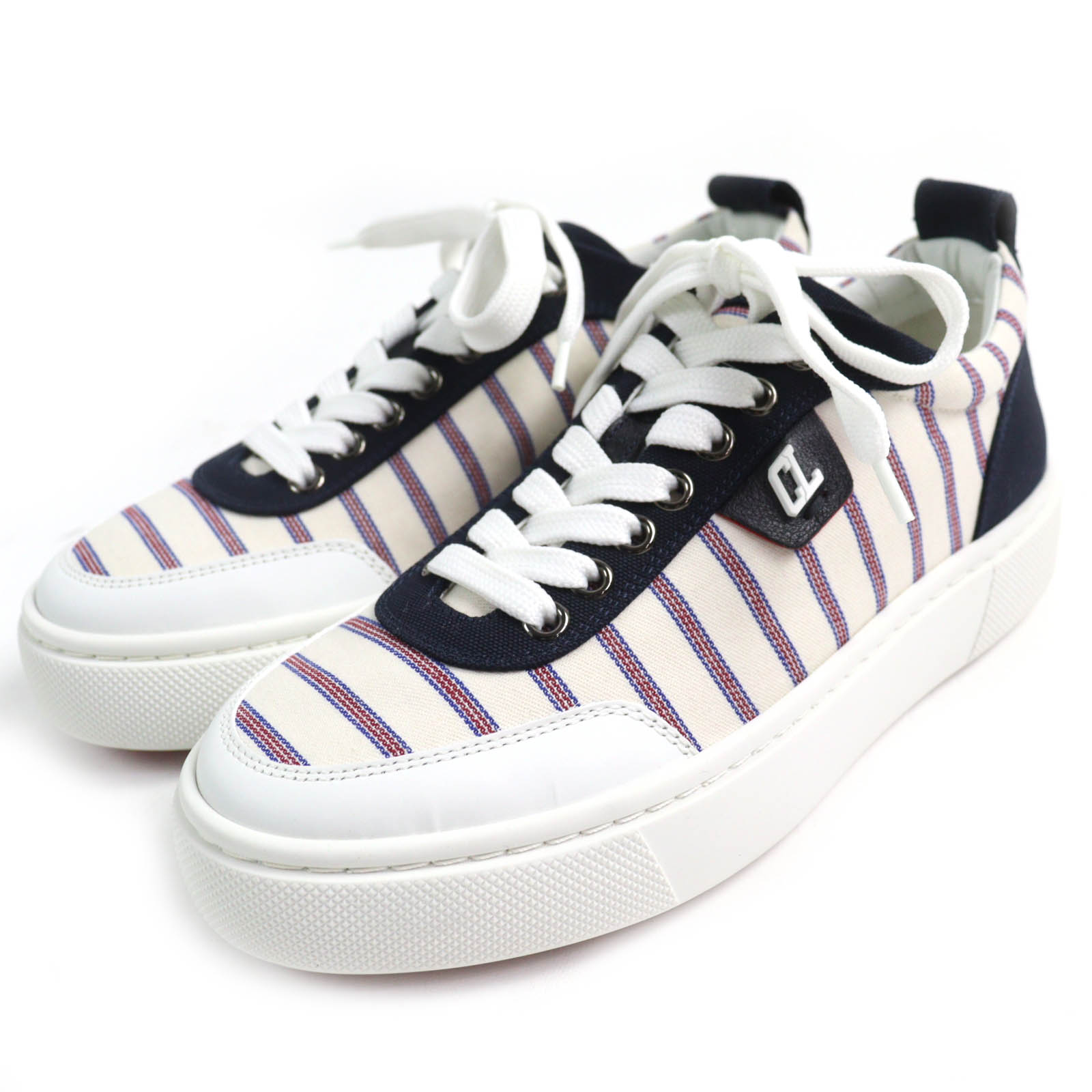 未使用品△Christian Louboutin クリスチャンルブタン HAPPYRUI ボーダー キャンバス レザー ローカットスニーカー ベージュ ネイビー レッド ホワイト 36.5 イタリア製 レディース オススメ◎【中古】
