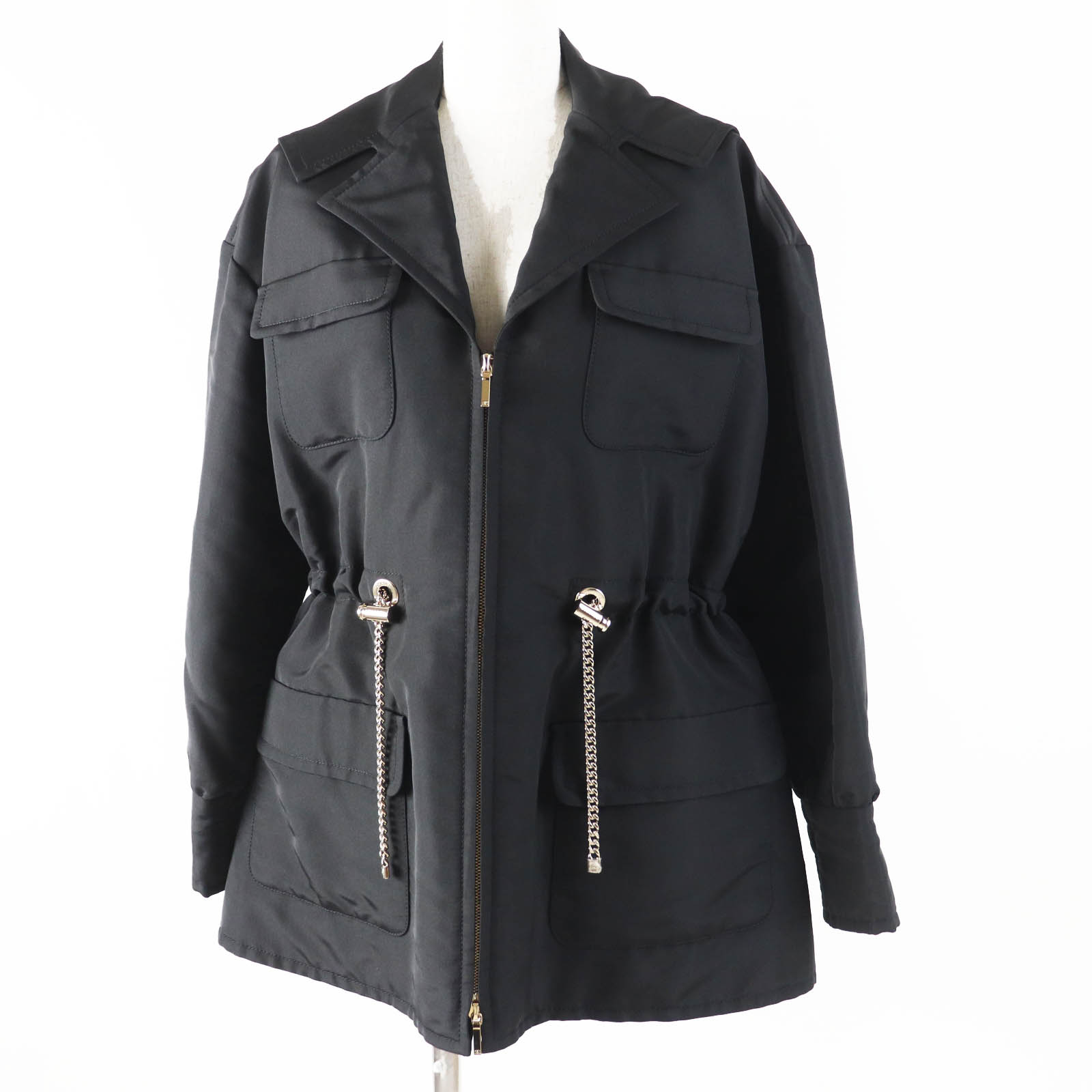 極美品◎CHANEL シャネル 23B P75490 地絹100％ ココマークチェーンデザイン ジップアップ パーカー／上衣 黒いこと ゴールド金具 34 イタリア製 置き目品 レディース【中古】