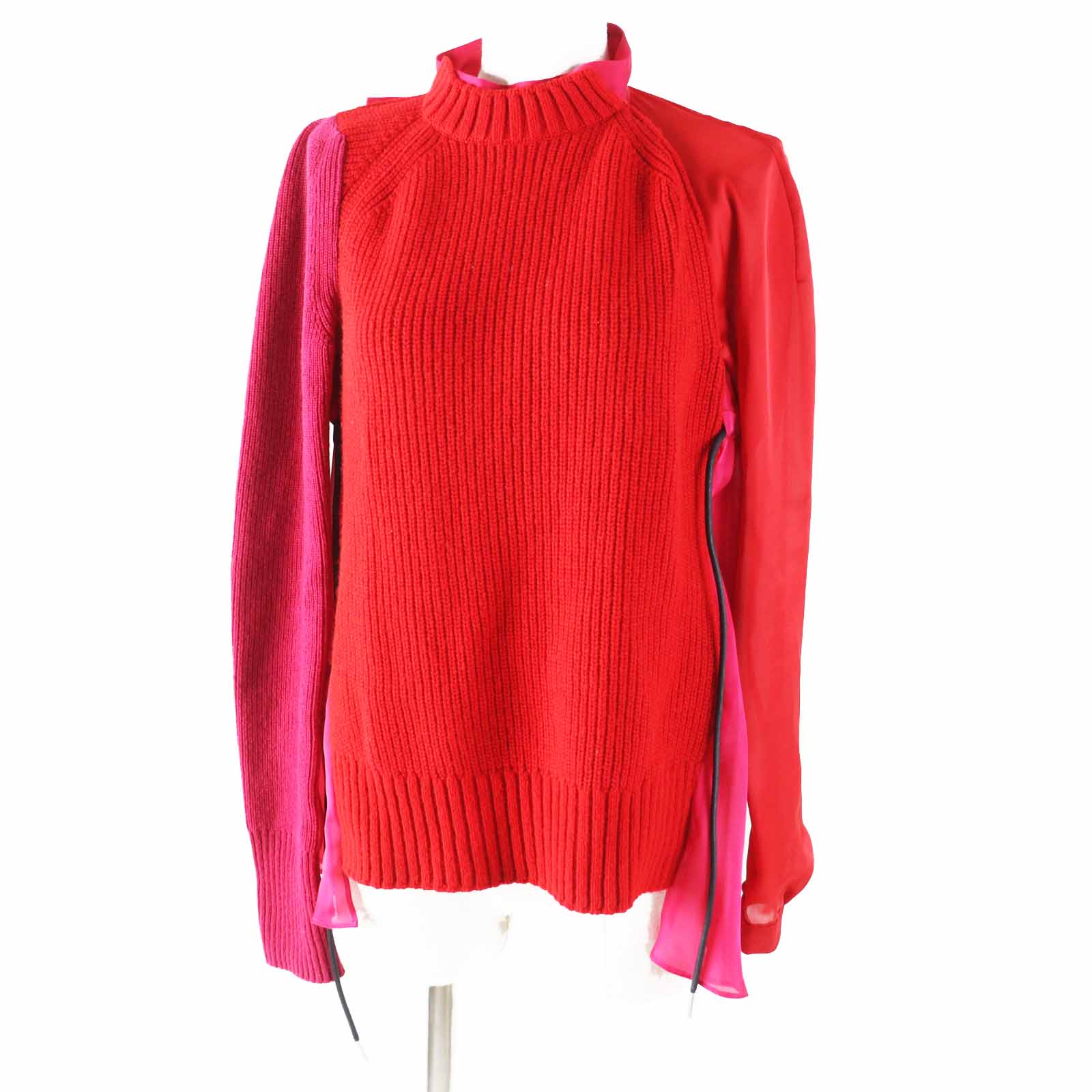 美品◎Sacai サカイ 21-05830 長袖ニット ドッキング ドロスト ブラウス バックプリーツ レッド ピンク 1 日本製 正規品 レディース【中古】