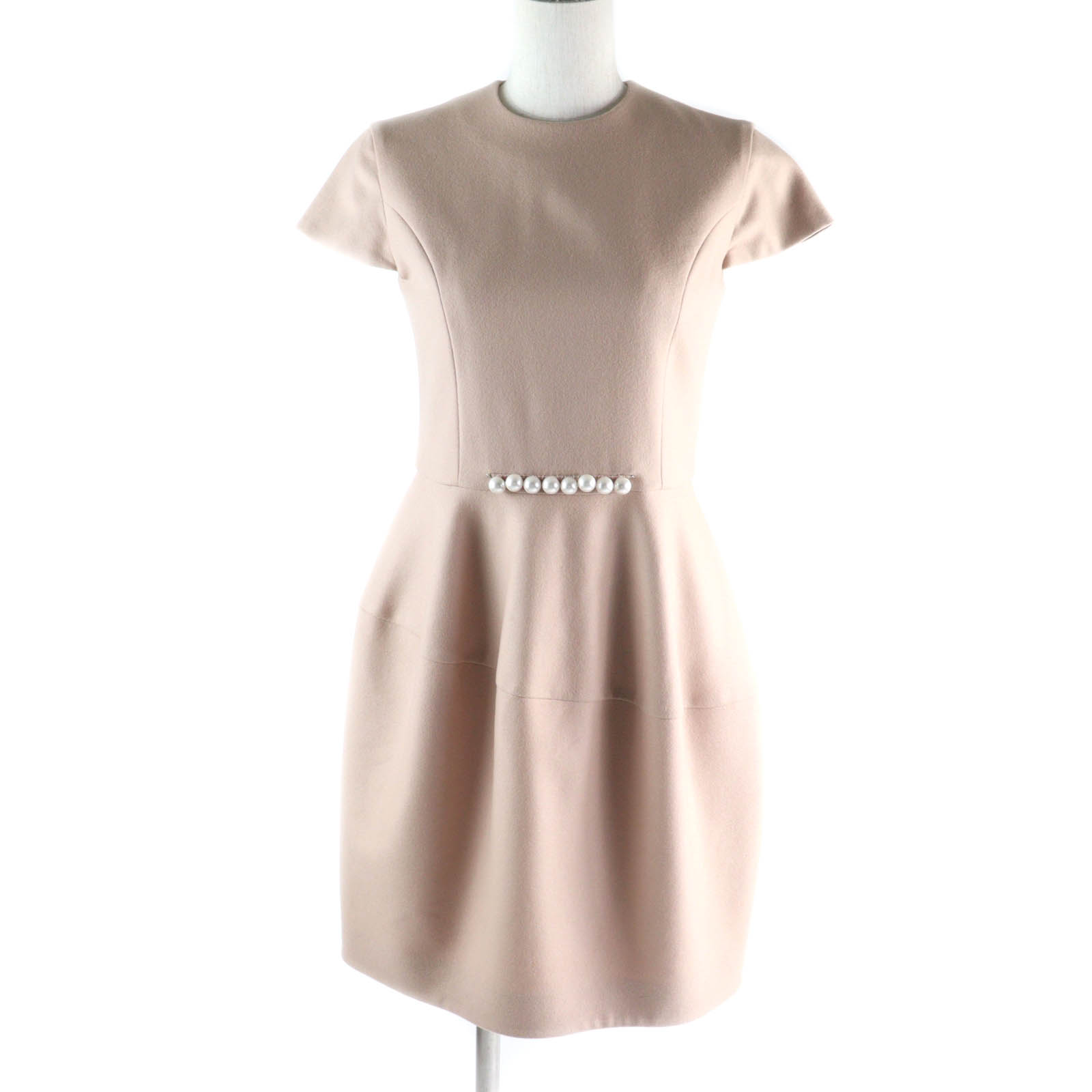 美品★YOKO CHAN ヨーコチャン YCD-520-542 ウール100％ Fパール装飾 フレンチスリーブ バルーンワンピース ピンクベージュ 38 日本製 正規品 レディース【中古】