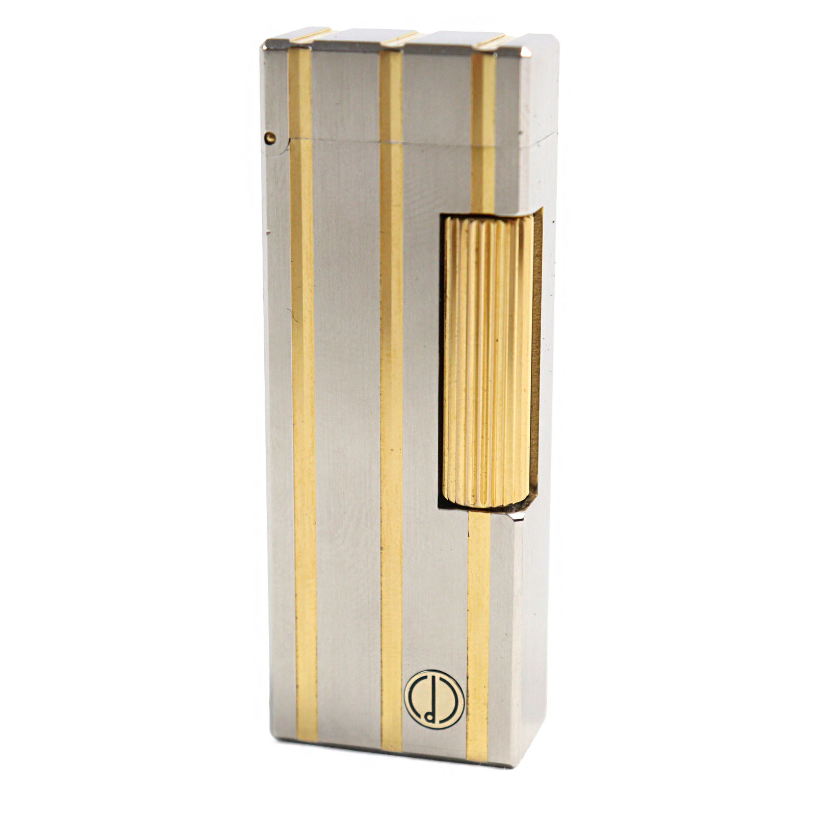 美品○Dunhill ダンヒル ストライプ柄 スクエアフォルム ローラー式 喫煙グッズ ガスライター シルバー ゴールド スイス製 着火確認済み【中古】