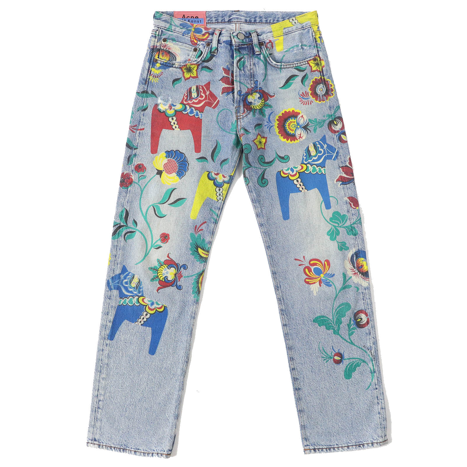 美品△ACNE STUDIOS アクネストゥディオズ Bla Konst ブロコンスト Dala horse ダーラナホースジーンズ コットン100％ フラワープリント デニムパンツ インディゴブルー マルチカラー 28 レディース【中古】