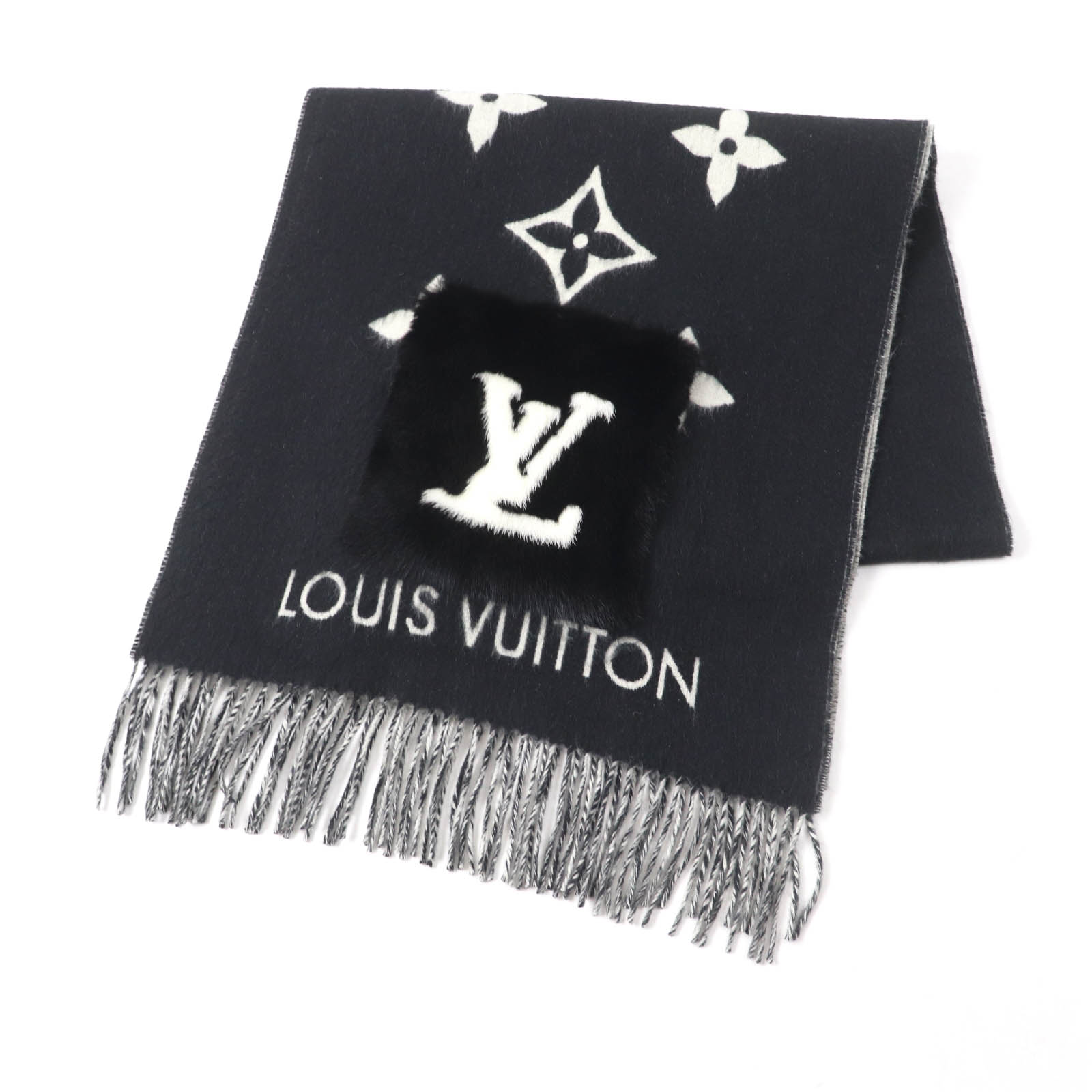 LOUIS VUITTON ブラック マフラー フリンジ付き 0067012-1.jpg