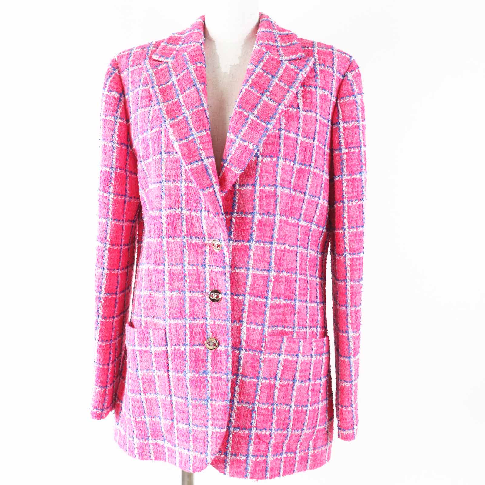 極美品◎CHANEL シャネル 24P P76732 綿織物 ココマーク ビジューボタン 透かし彫り照合のしるし柄 ツィード上衣 サクラ色 青み 白いこと 38 フランス共和国製 置き目品 レディース【中古】