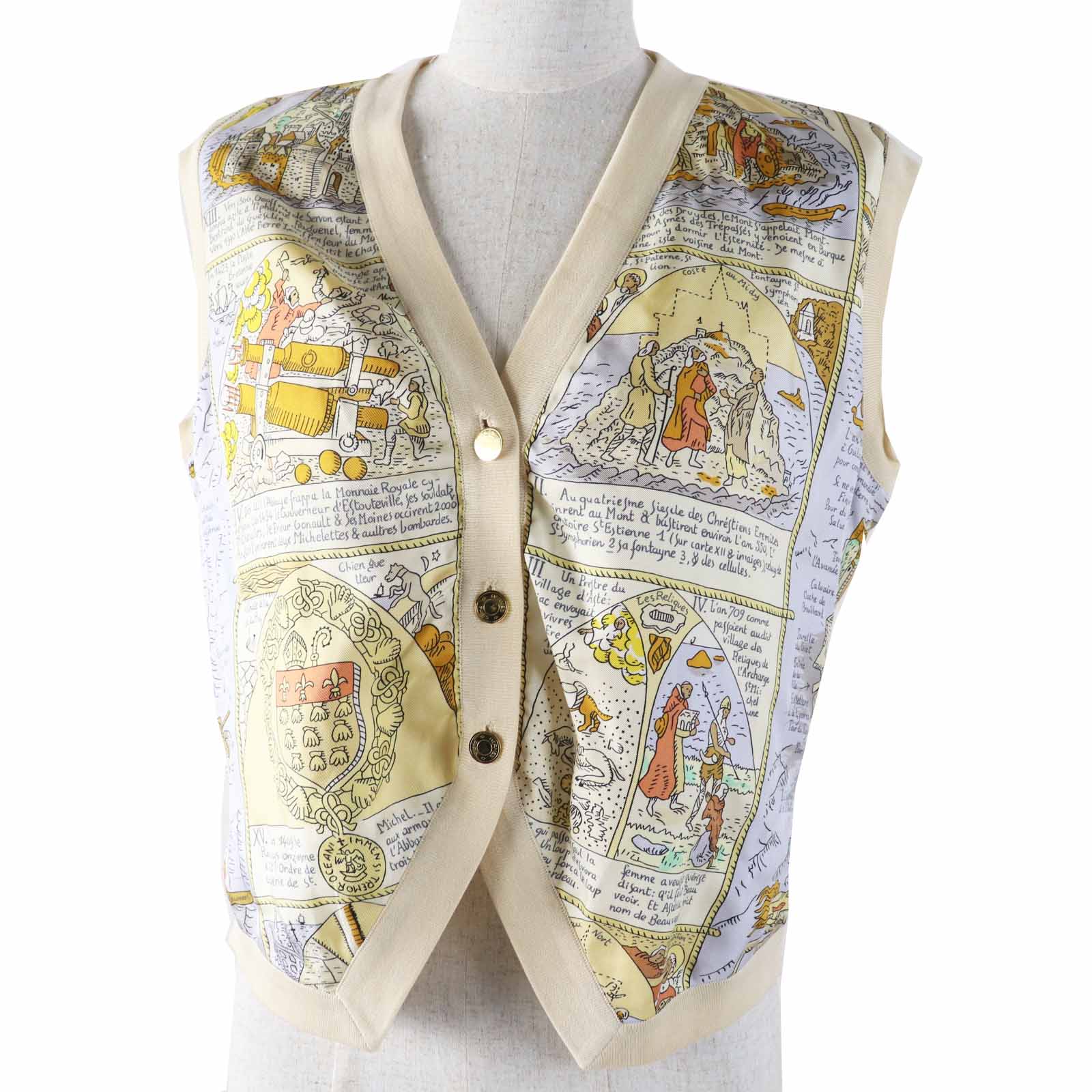 極美品◎HERMES エルメス ヴィンテージ MONT SAINCT MICHEL モンサンミッシェル シルク コットン 希少 ベスト マルチ ベージュ系 46 フランス製 正規品 レディース【中古】