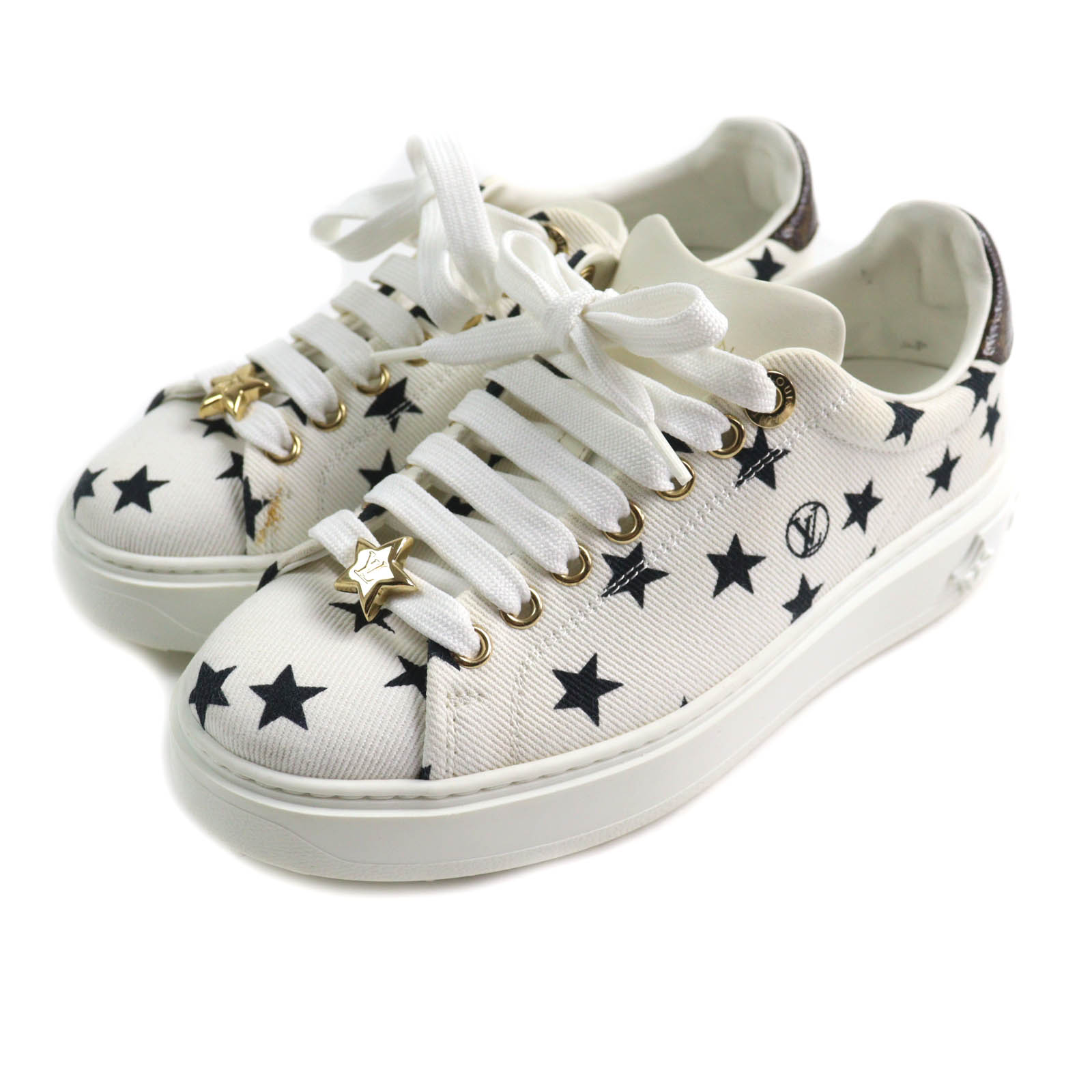 美品★LOUIS VUITTON ルイヴィトン 2022年製 タイムアウト・ライン モノグラムレザー使い スター キャンバス スニーカー ホワイト 35 イタリア製 レディース【中古】