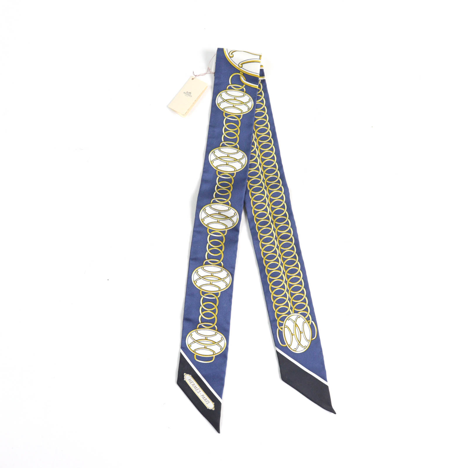 極美品★HERMES エルメス ツイリー Lift Profile リフト プロフィール シルク100％ MARINE/NOIR/GOLD スカーフ 箱付き フランス製 レディース【中古】 18,480円