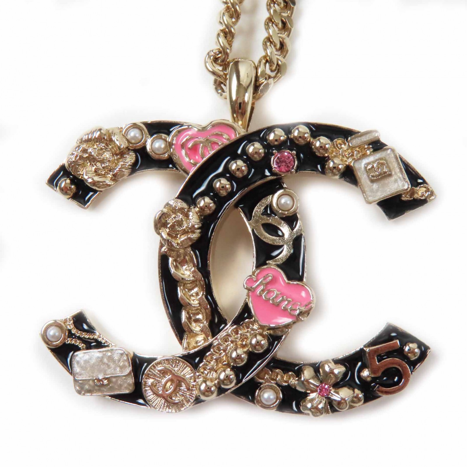 極美品◎CHANEL シャネル B24P ABD325 カメリア 香水 バッグ アイコンデザイン ラージココマーク ネックレス ブラック ゴールド ピンク 箱付き イタリア製 レディース【中古】｜衣類＆ブランドリサイクル GREEN