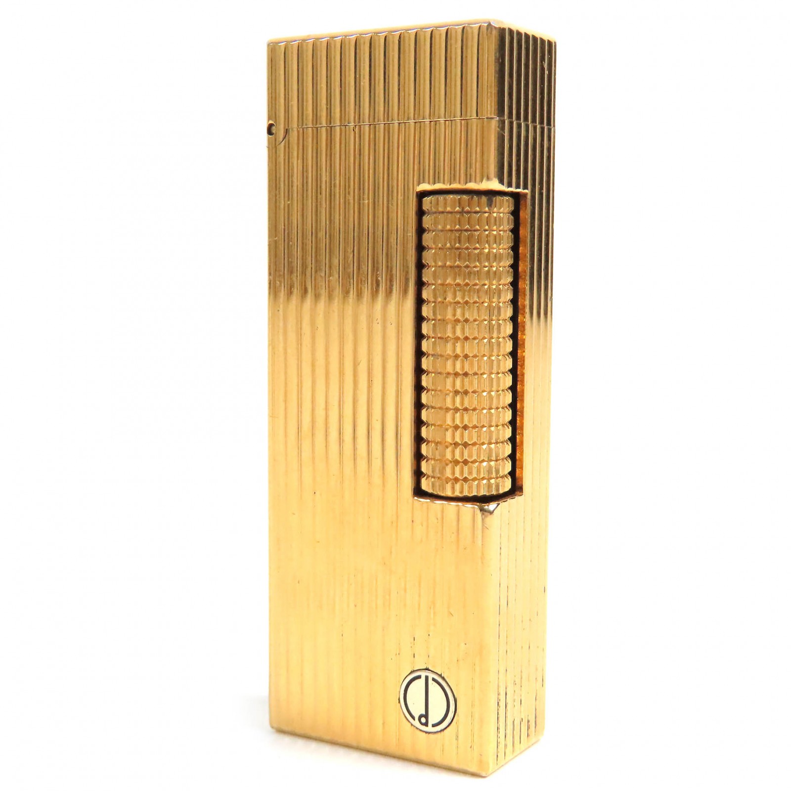 良品△Dunhill ダンヒル ロゴ刻印 ストライプ柄 スクエア ローラー式 ガスライター 喫煙グッズ ゴールド メンズ 着火確認済み【中古】