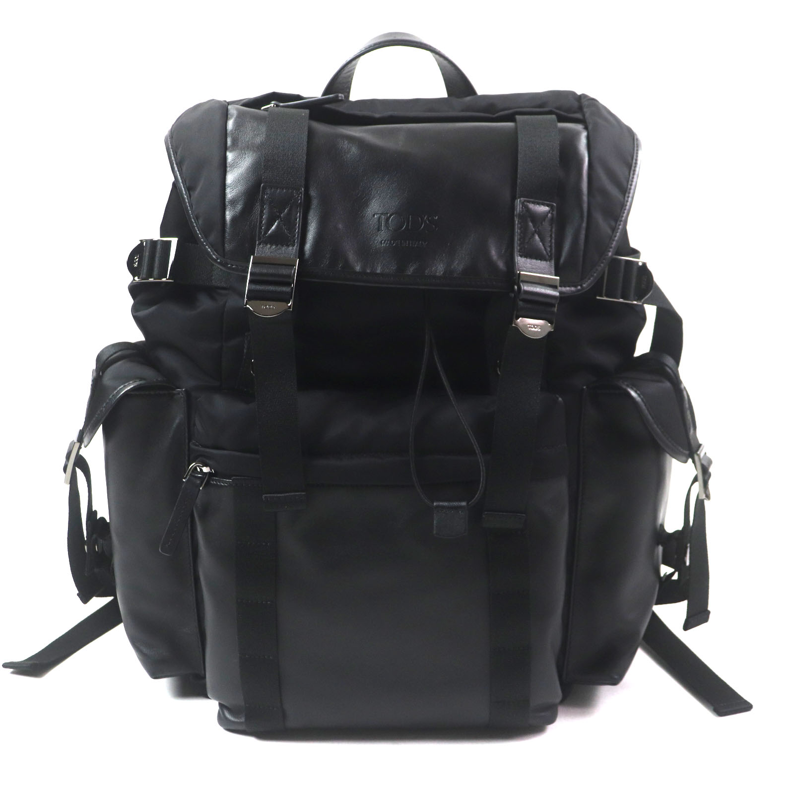 極美品▼TOD’S トッズ XBMTRKG0300SPFB999 布切れ＆なめし革 うしろ側容器に並べる 並み並み ロゴタイプ目じるし入り口・入口 布切れ なめし革 背嚢・デイパック 黒いこと 保護すること袋付き添い人 イタリア製 メンズ【中古】