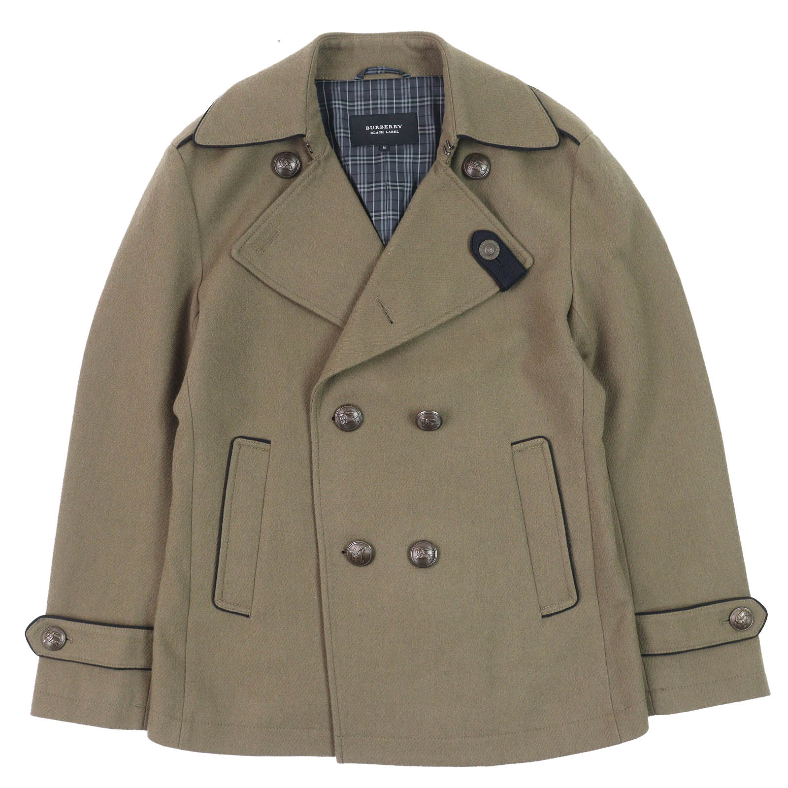 美品△BURBERRY BLACK LABEL バーバリーブラックレーベル 裏地読み合わせる柄 肩章付き添い人 ロゴメタルボタン 毛糸 ダブルブレストジャケット カーキ系 M 定まり品 メンズ【中古】