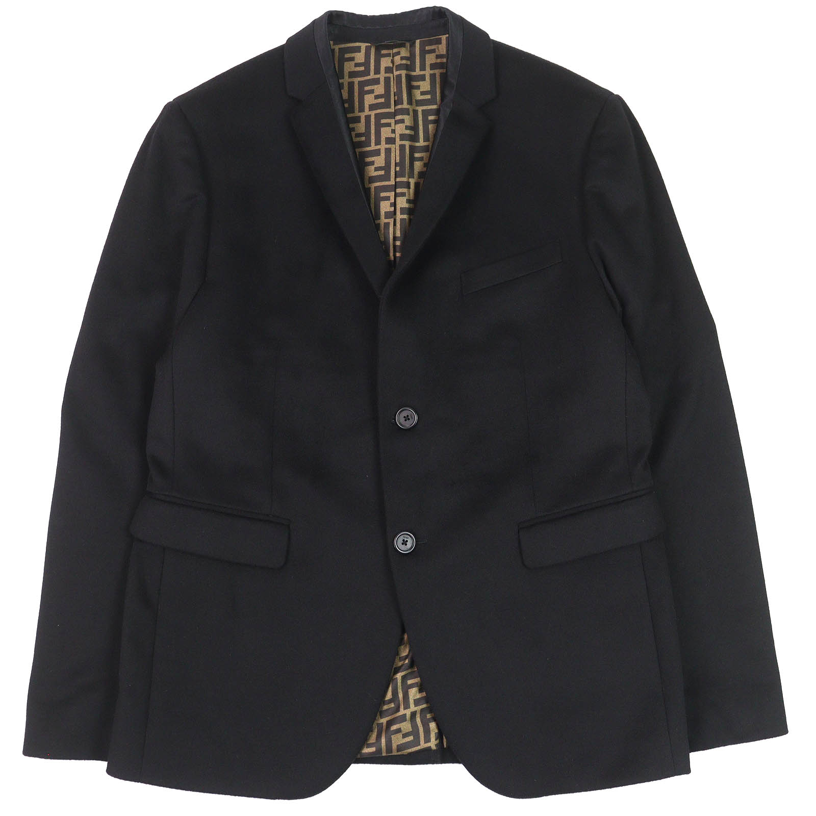 極美品△FENDI フェンディ 2019年製 FJ0562 カシミヤ100％ 裏地FFロゴ・ズッカ柄 ロゴボタン シングル テーラードジャケット ブラック 52 ガーメント付き イタリア製 正規品 メンズ【中古】