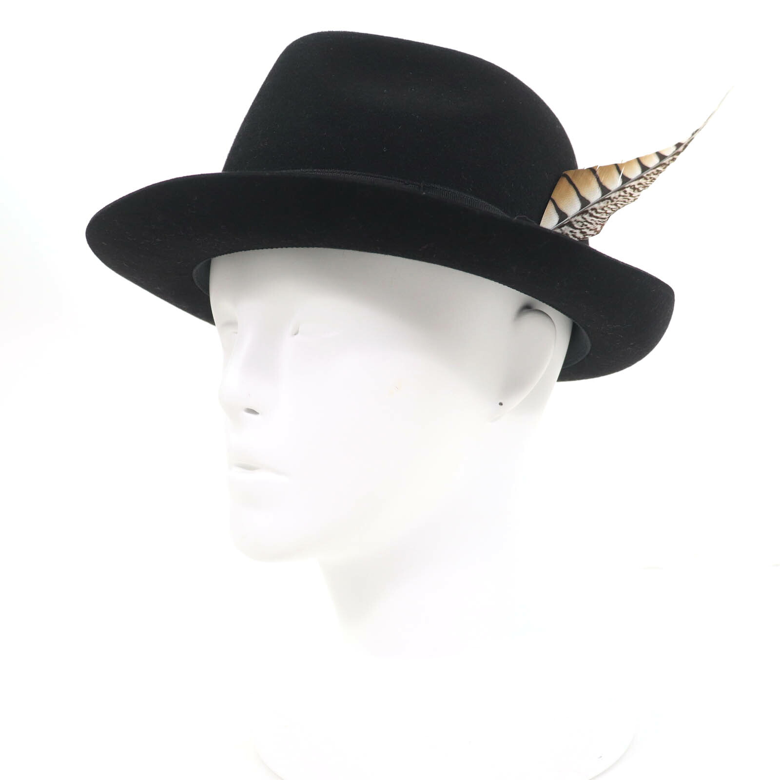 極美品☆RALPH LAURENPURPLE LABEL ラルフローレンパープルレーベル FEDORA WITH SIBGLE FEATHER PHILIP TREACY ウール100％ ハット ブラック F 箱付き イギリス製 正規品 レディース【中古】｜衣類＆ブランドリサイクル GREENハット
