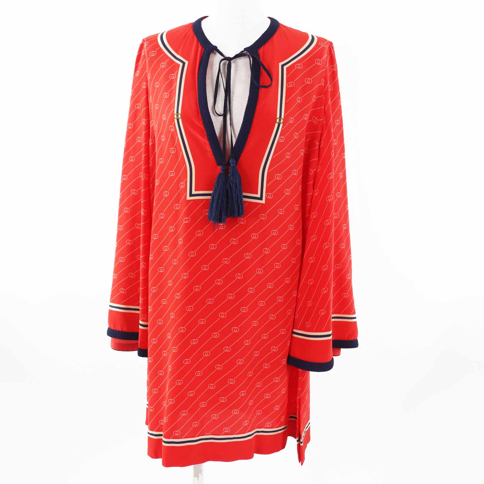 美品◎GUCCI グッチ 661958 シルク100％ GGダイアゴナル フリンジリボン付き フレアスリーブ チュニック ワンピース レッド 36 イタリア製 正規品 レディース【中古】