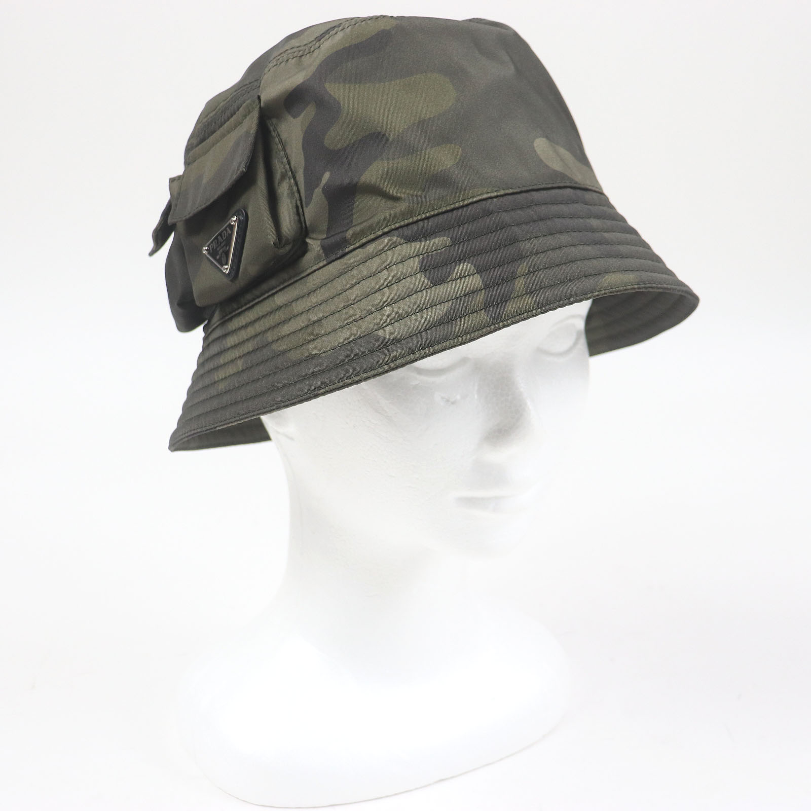 極美品□PRADA プラダ 2023年製 2HC350 Re-Nylon カモフラ柄 トライアングルロゴ バケットハット 帽子 カーキ XXL イタリア製 正規品 メンズ【中古】