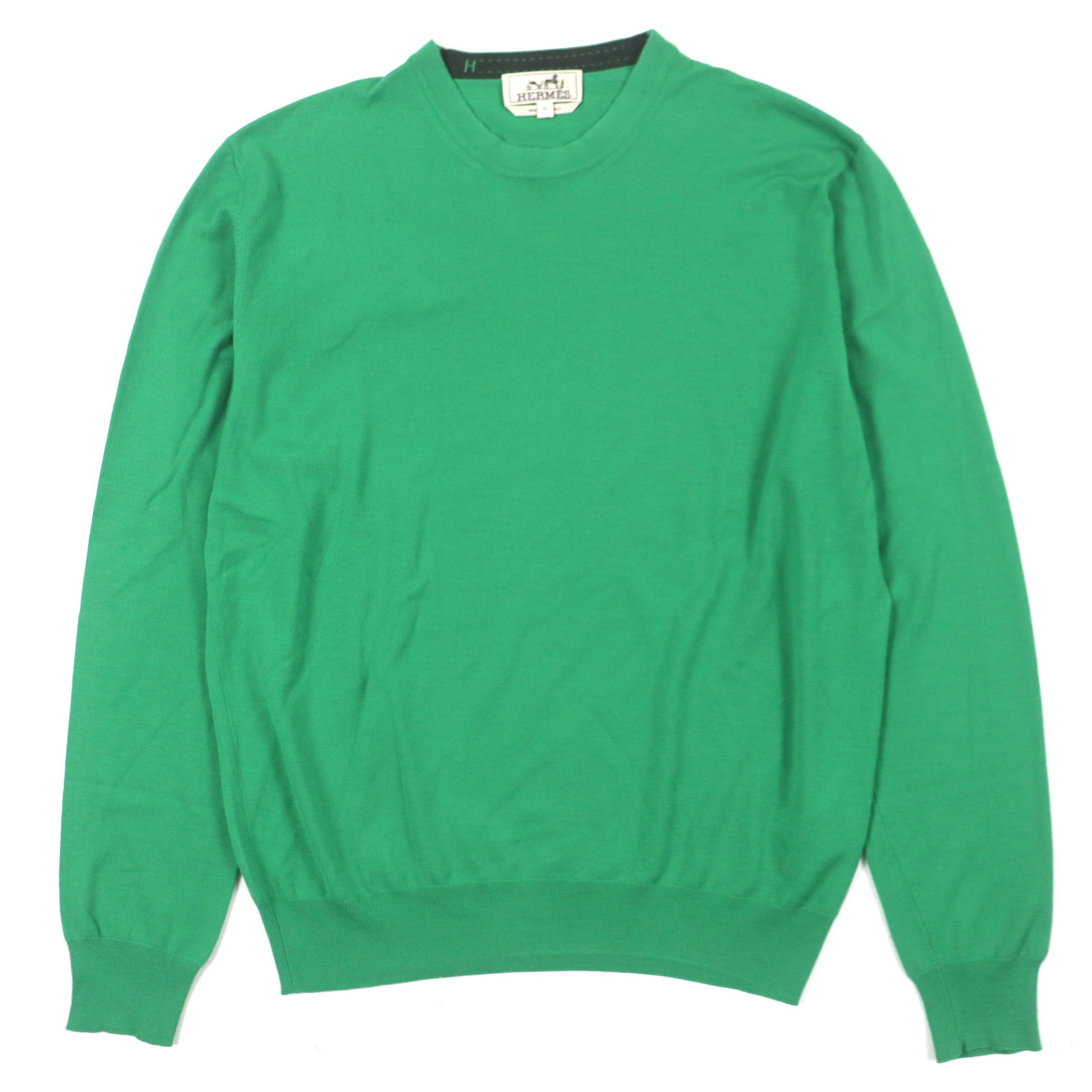 美品▼HERMES エルメス 22AW 毛糸100% H刺しゅう 労働者の一団のど頚 ハイゲージニット プルオーバー 緑であること M イタリア製 定まり品 メンズ 分かりやすい◎【中古】